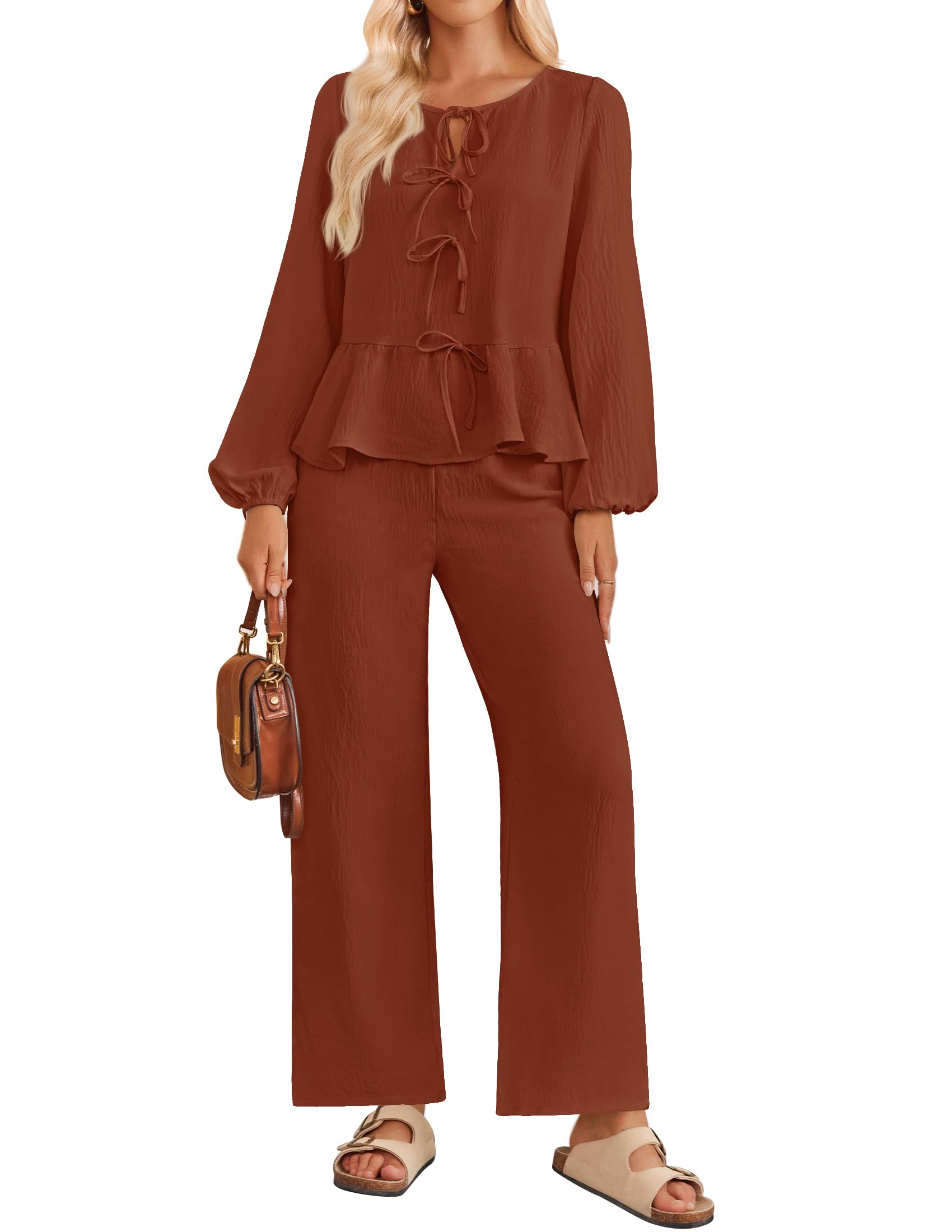 Luxuii  Long Sleeve Tie Front Top and Wide Leg Pants Pajama Sets
