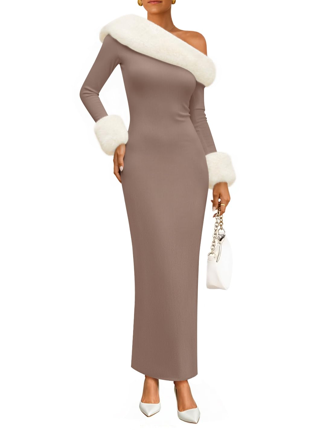 Luxuii Formal Off Shoulder Faux Fur Bodycon Side Slit Maxi Dress