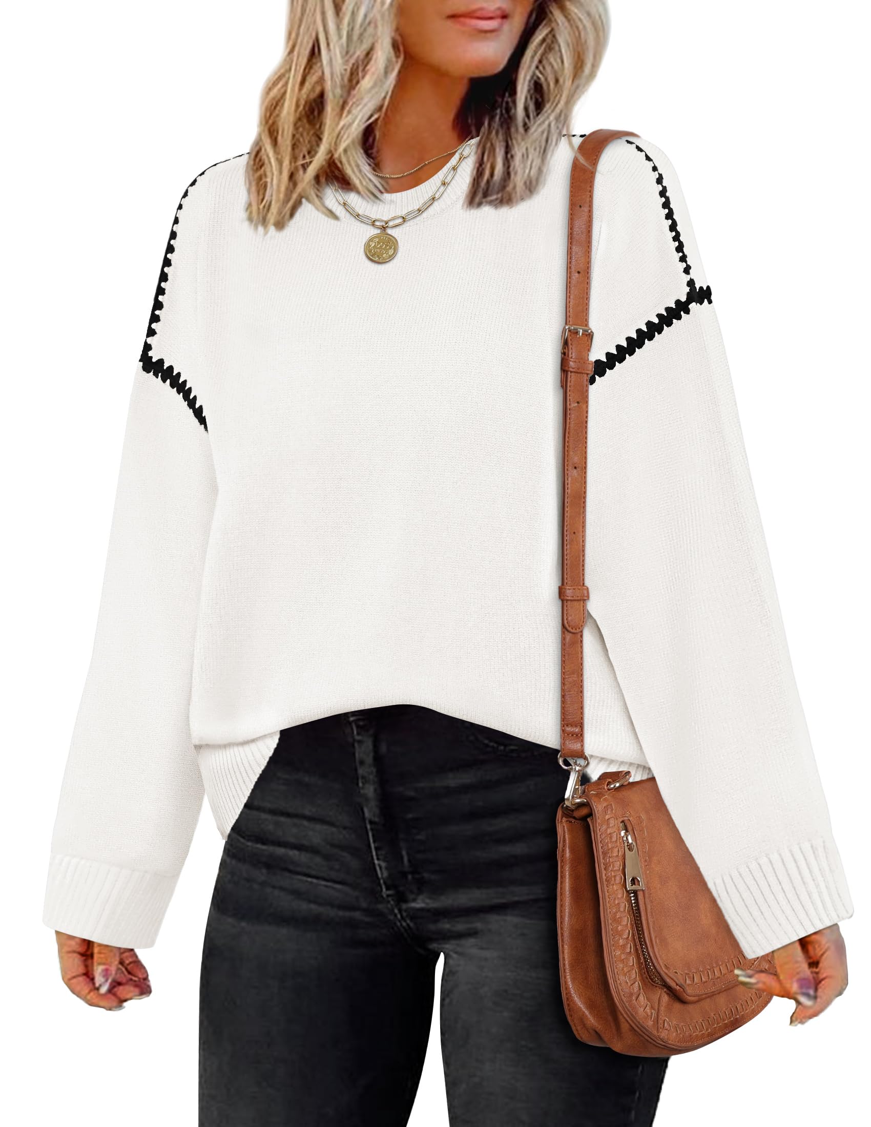 Luxuii Sweaters Crew Neck Loose Fit Ribbed Knit Color Block Soft Pullover Top