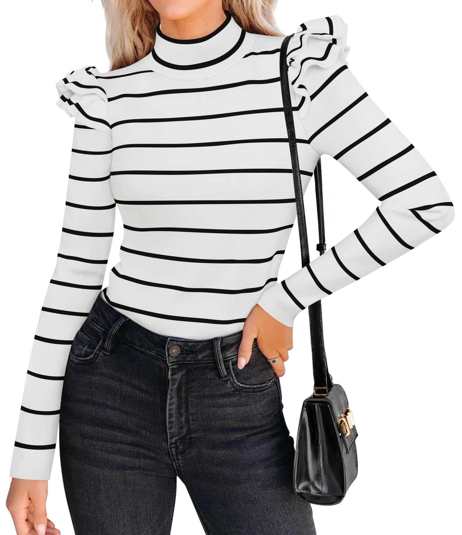 Luxuii Striped Ruffle Turtleneck Ribbed Knit Pullover Tops