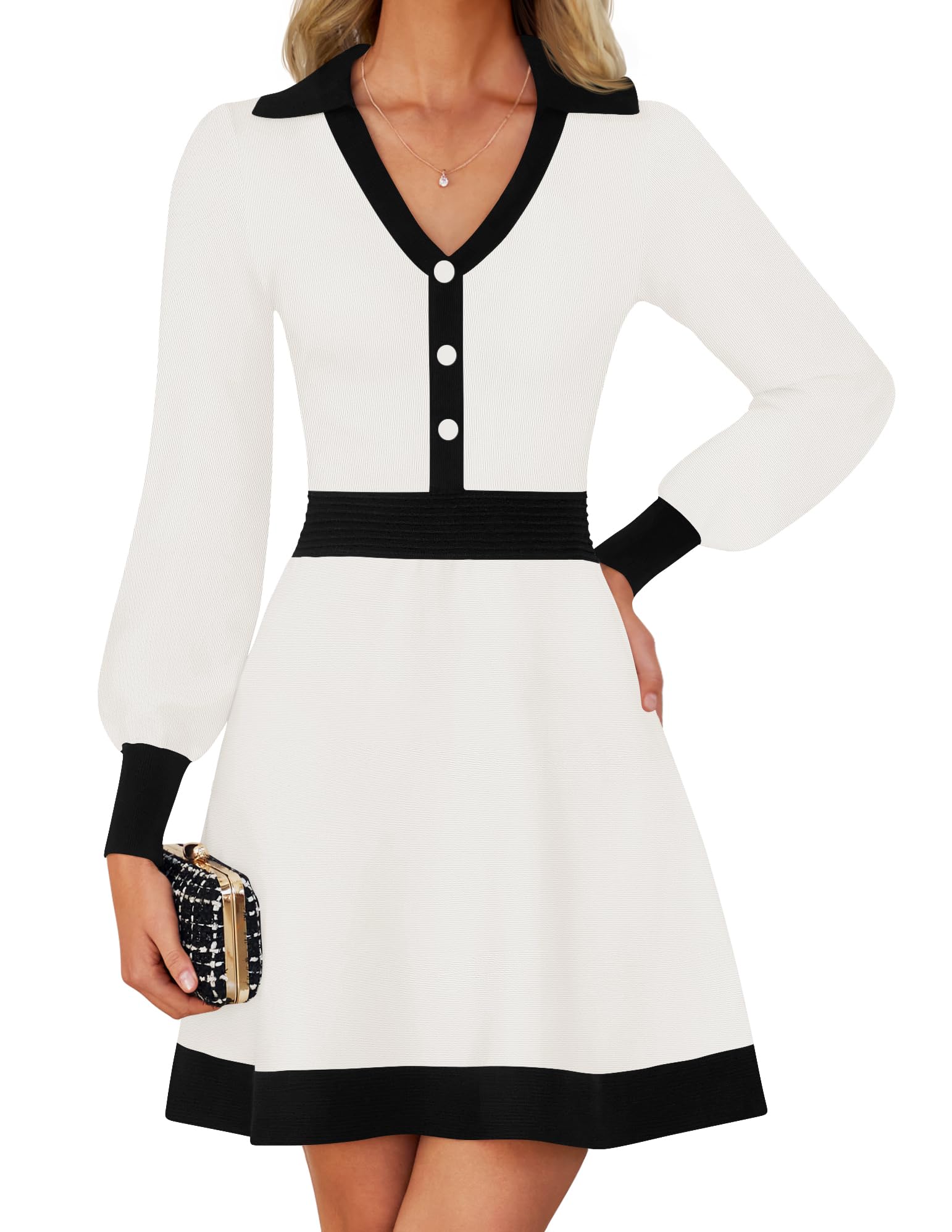 Luxuii V Neck Sweater Dress Collar Ribbed Knit Mini Dresses