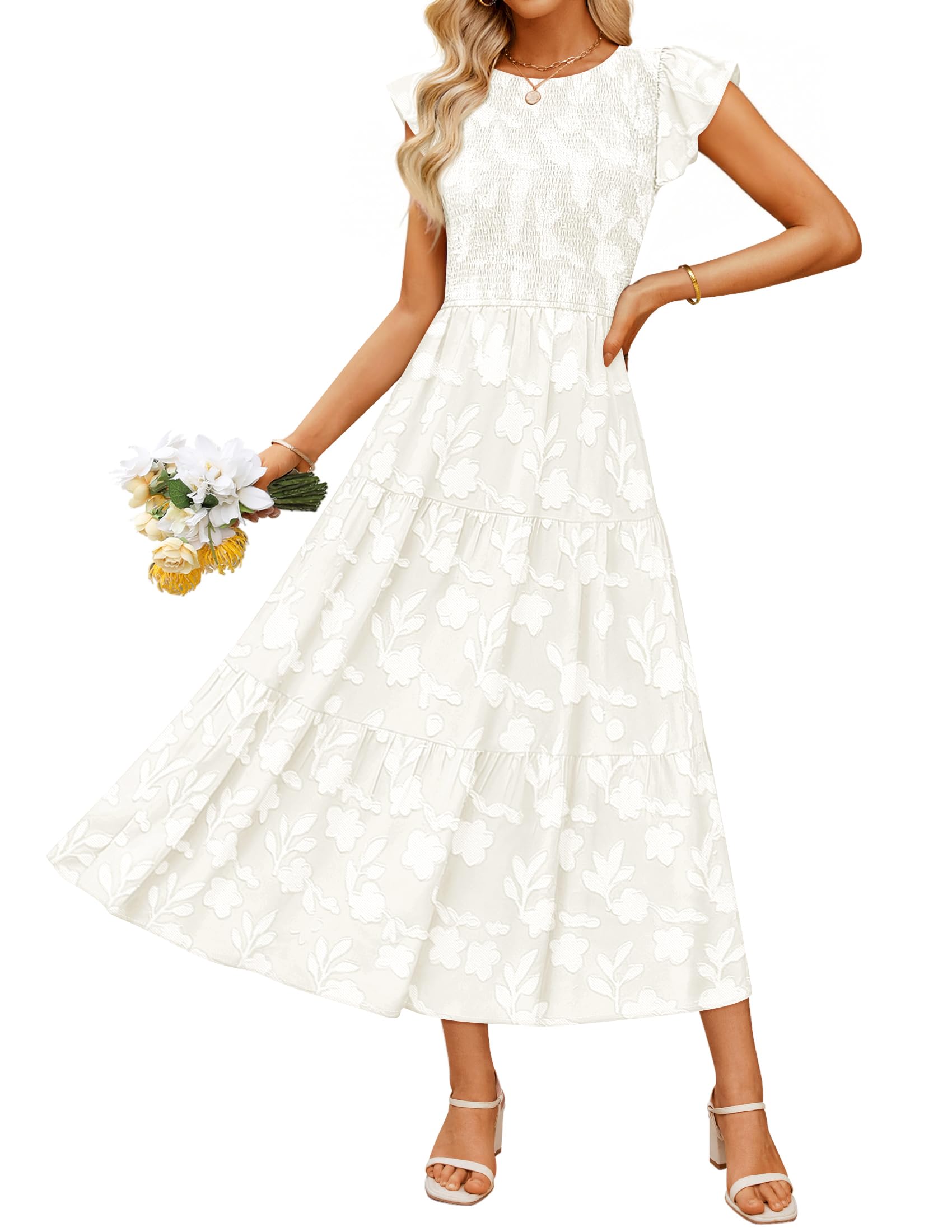 Luxuii Boho Floral Casual Flutter Crewneck Smocked Flowy Beach Long Dresses