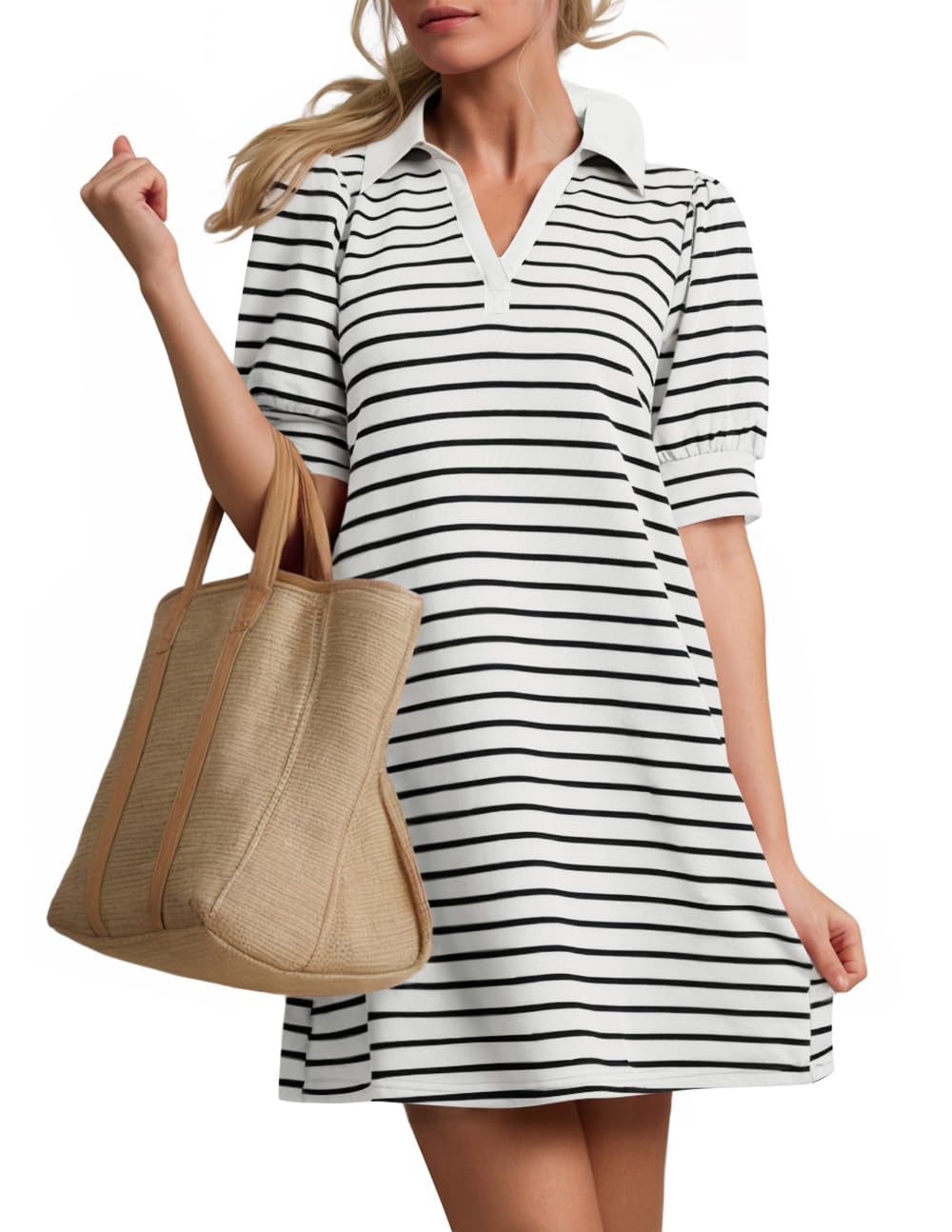 Luxuii Striped Lapel V Neck Short Sleeve Flowy A Line T Shirt Dress