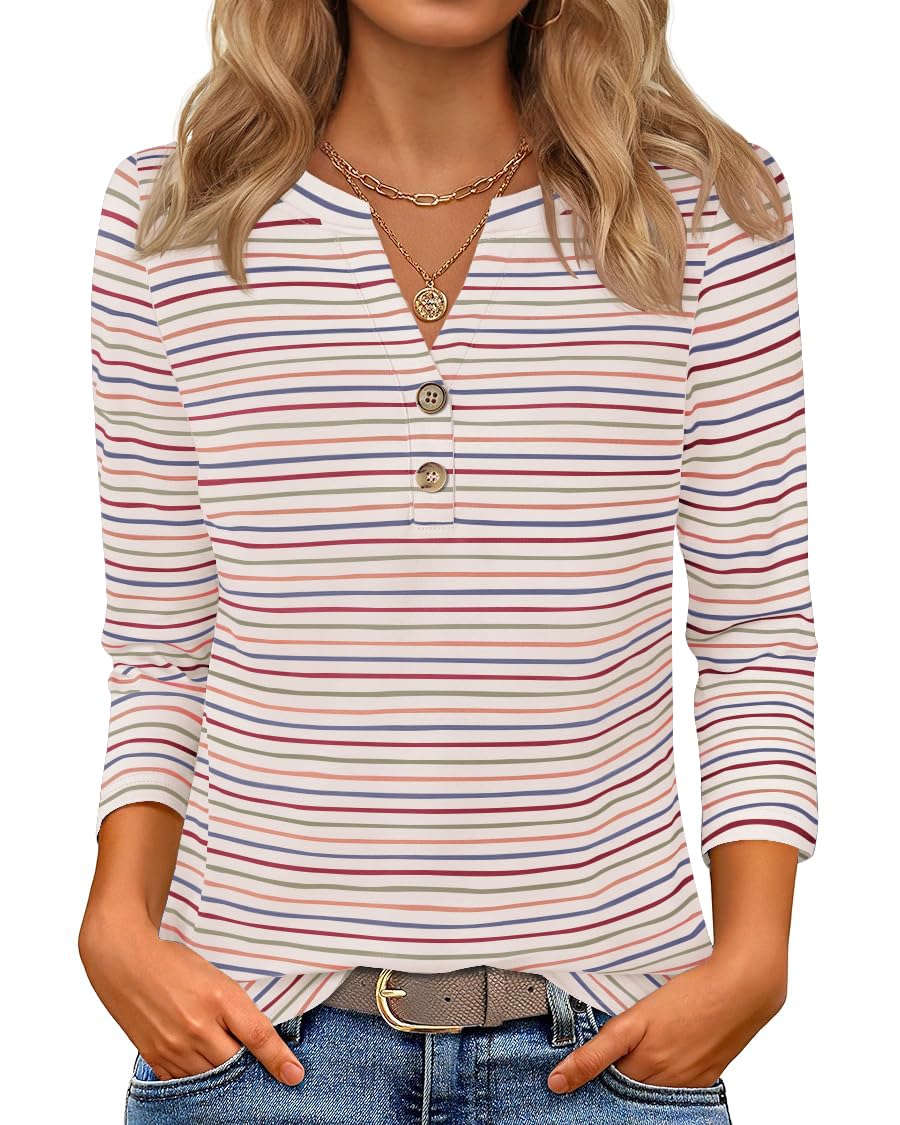 Luxuii Boho Striped Henley Shirts 3/4 Sleeve Tops Casual Blouses