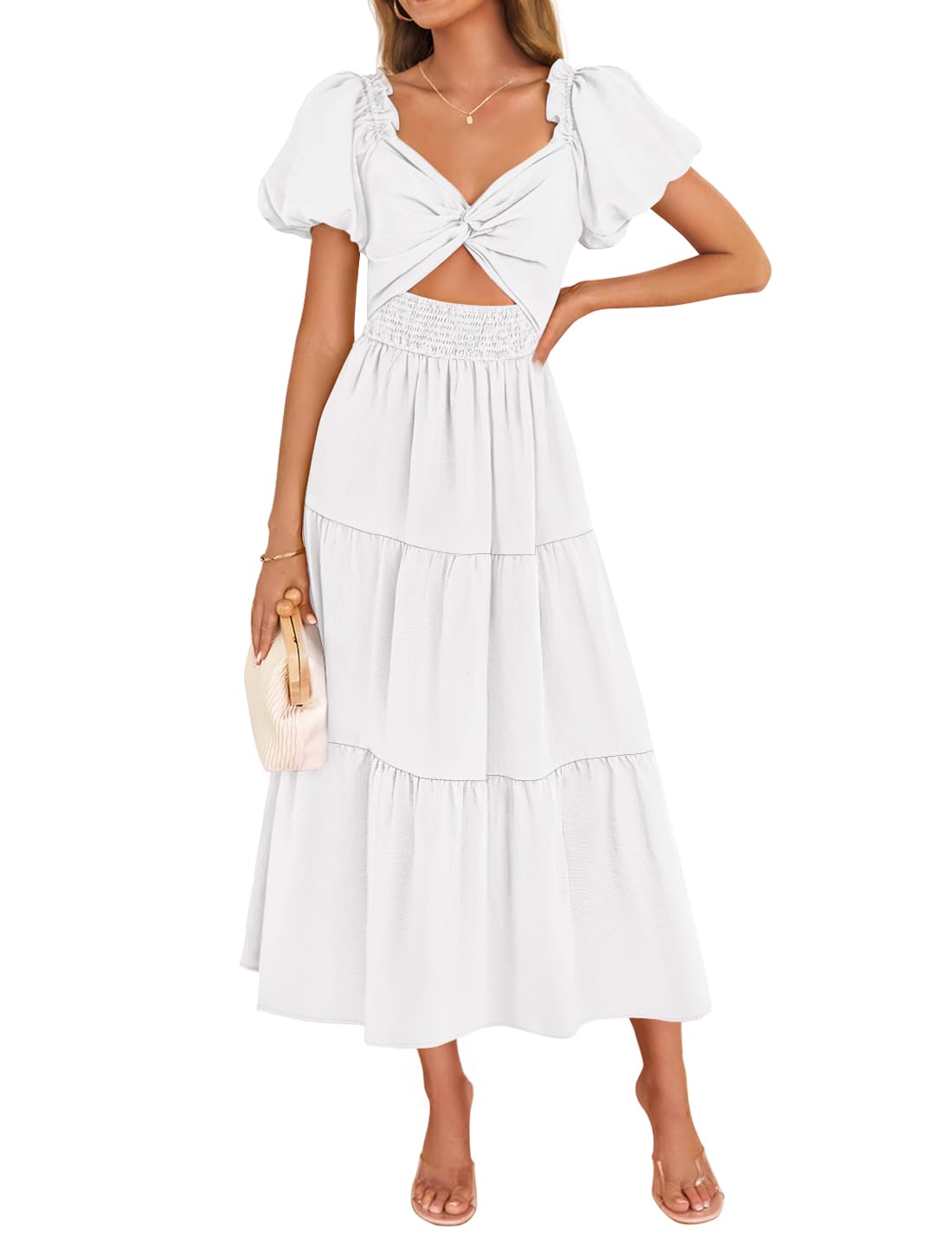 Luxuii Smocked Short Puff Sleeve Twist Knot Cutout Flowy Dresses