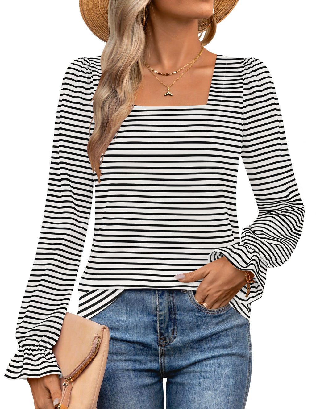 Luxuii Square Neck Shirts Fall Causal Trendy Tunic Tops