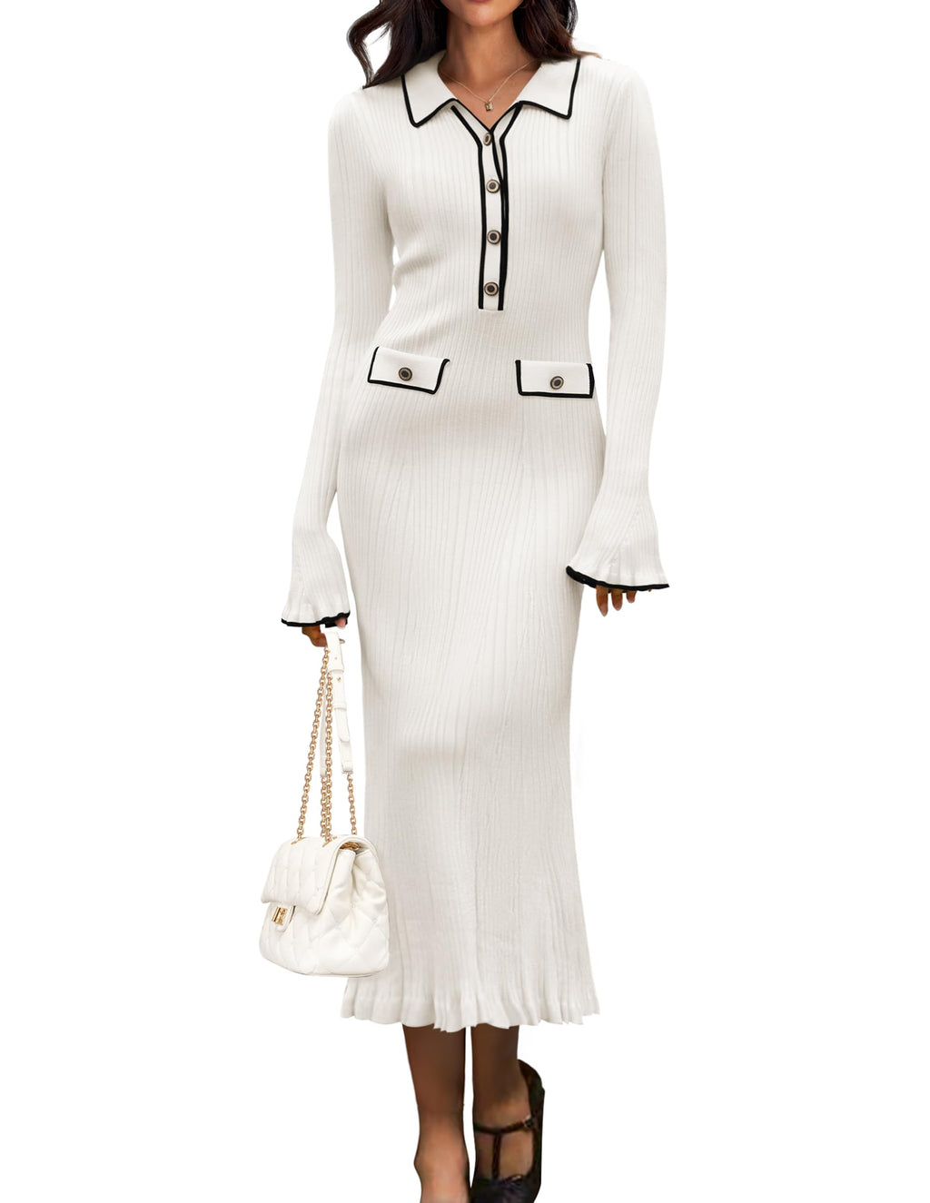 Luxuii Ribbed Button V Neck Elegant Trendy Ruffle Midi Dresses