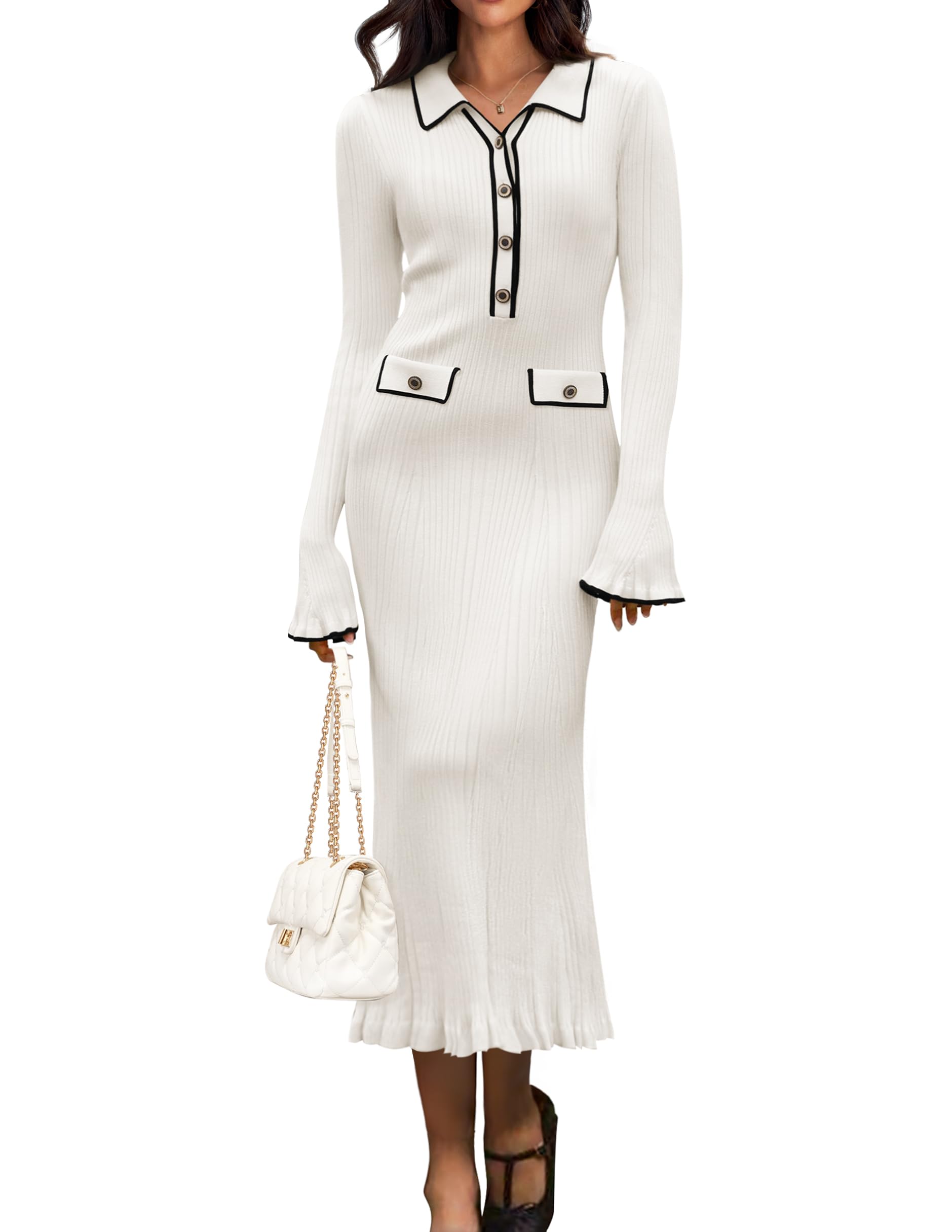 Luxuii Ribbed Button V Neck Elegant Trendy Ruffle Midi Dresses