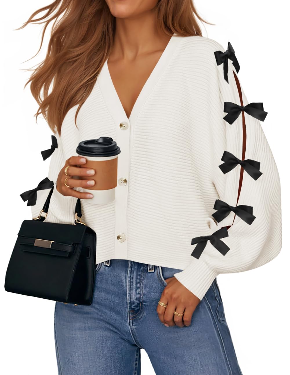 Luxuii Fall Bow Cardigans Button V Neck Knit Outerwear Coats