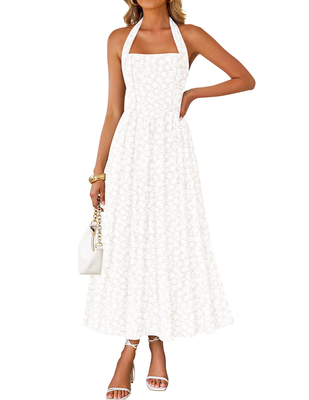 Luxuii Sleeveless Floral Halter Neck Wedding Flowy A Line Long Dress