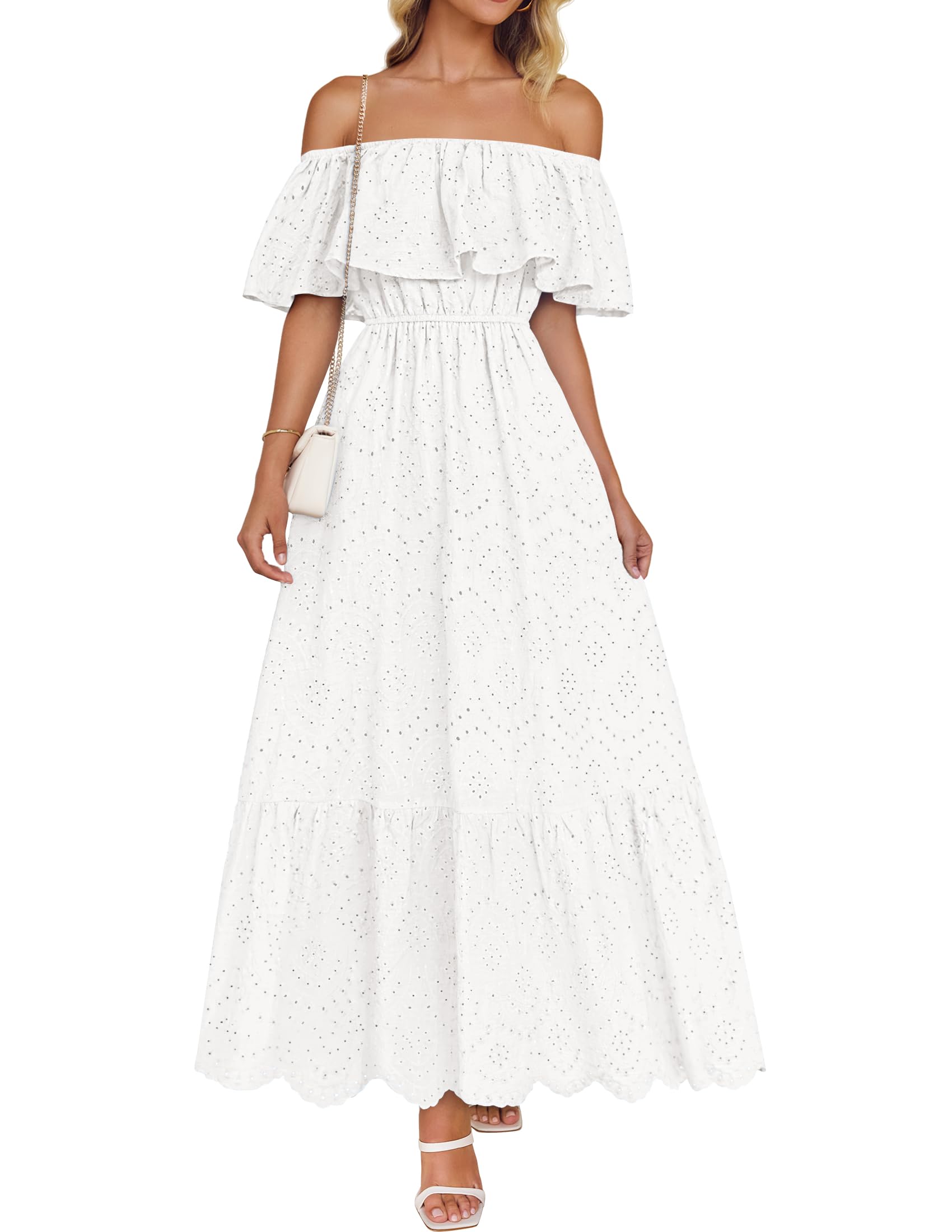 Luxuii Off Shoulder Ruffle Short Sleeve High Waist Hollow Dresses
