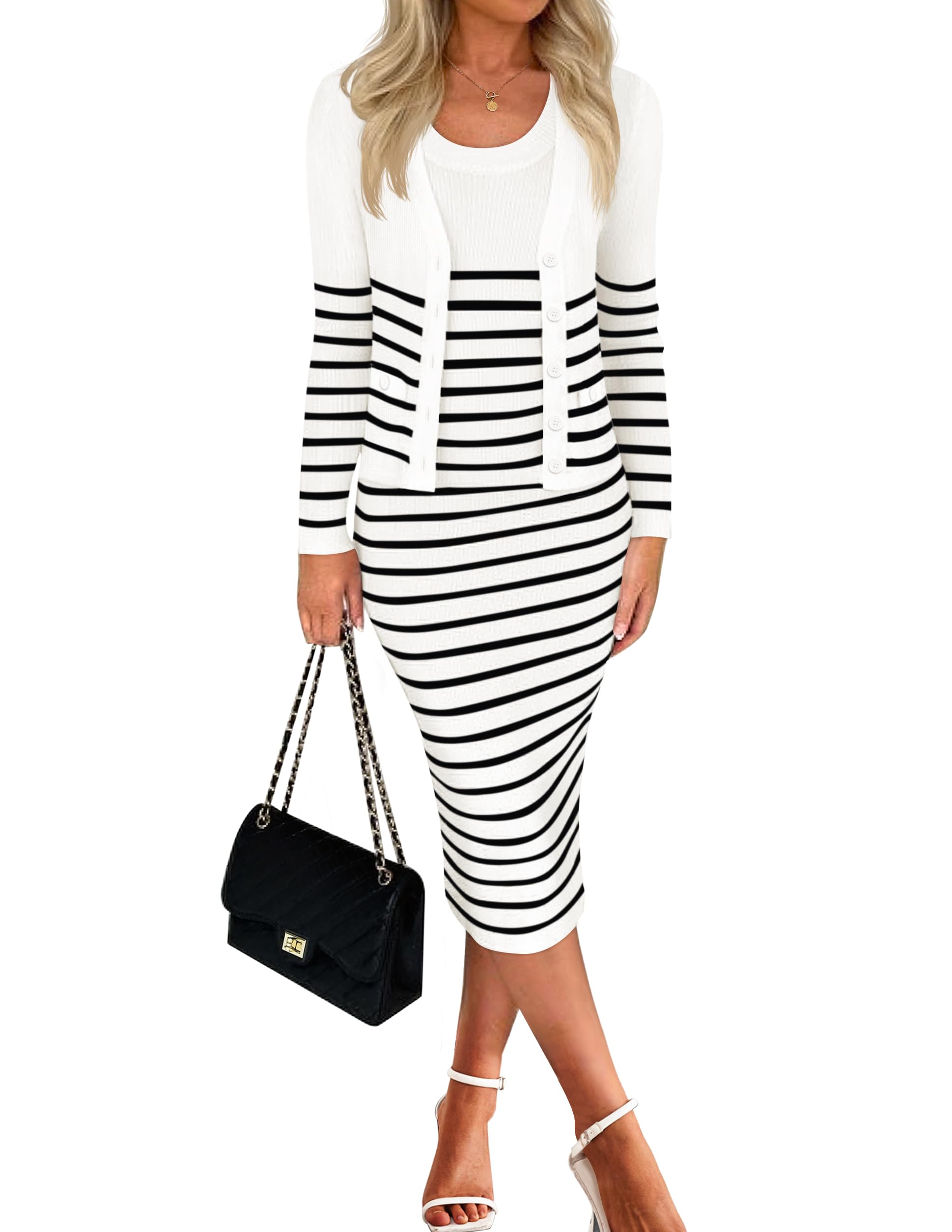 Luxuii Bodycon Sweater Dress Cropped Cardigan Striped Fall Knit Sets