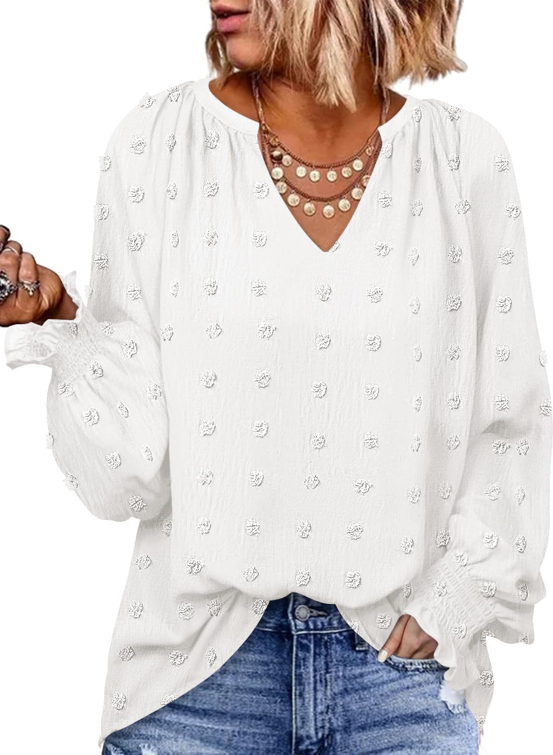 Luxuii Blouses Loose Long Sleeve Business V Neck Trendy Top