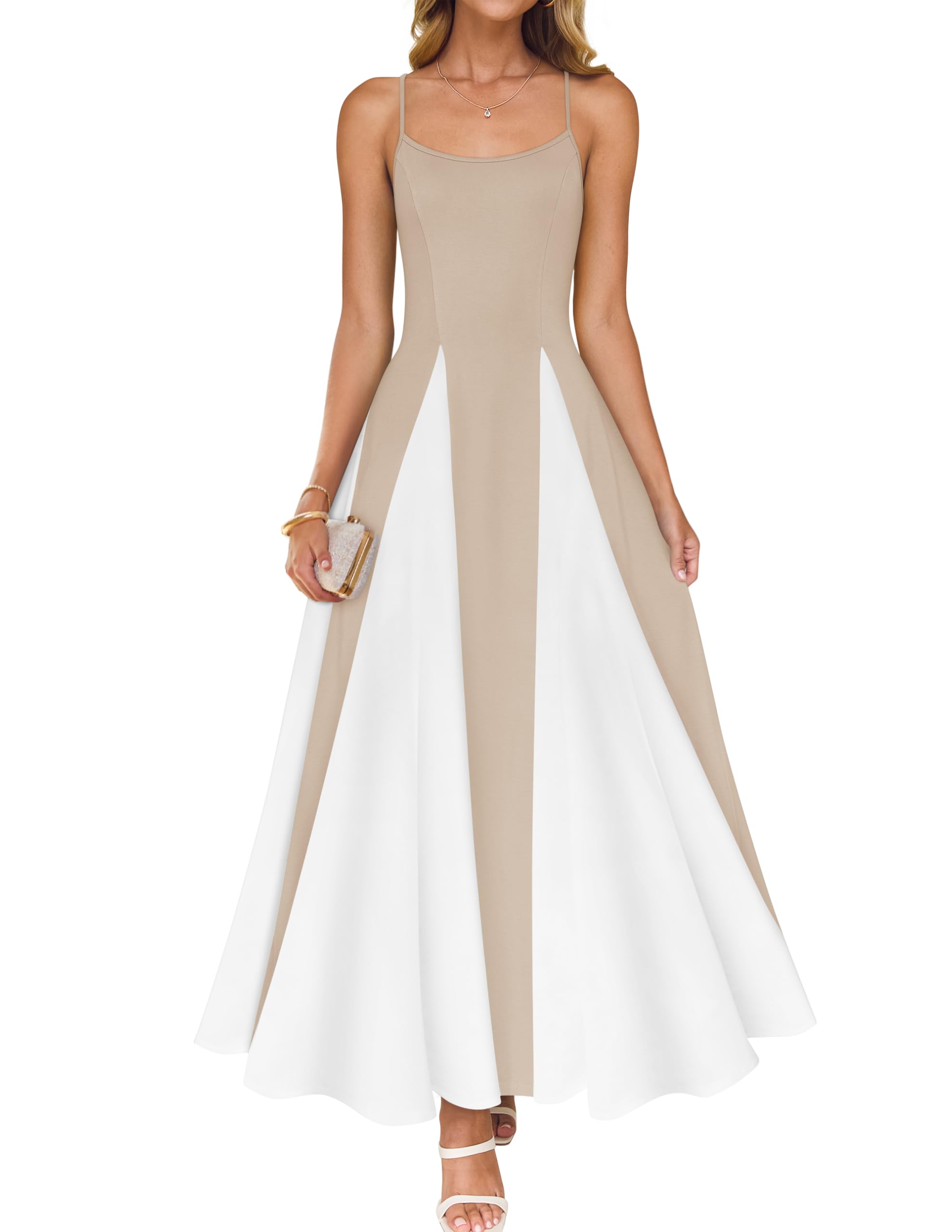 Luxuii Spaghetti Strap Sleeveless Color Block A Line Flowy Dresses