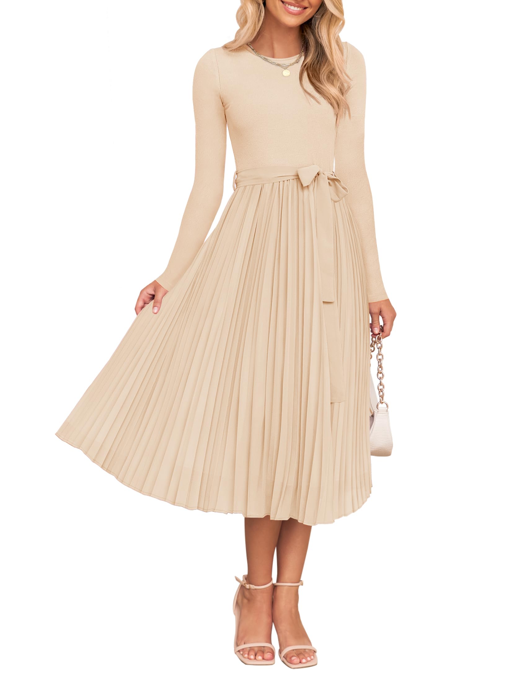 Luxuii Casual Crewneck Knit Belted Pleated A Line Flowy Sweater Dresses