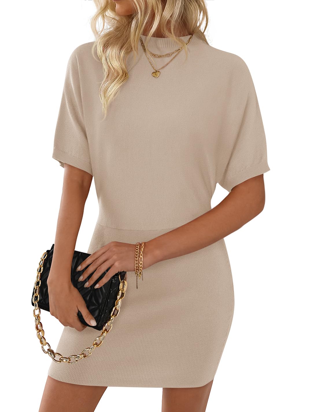 Luxuii Mock Neck Sleeve Slim Fit Ribbed Knit Short Sweater Dresses
