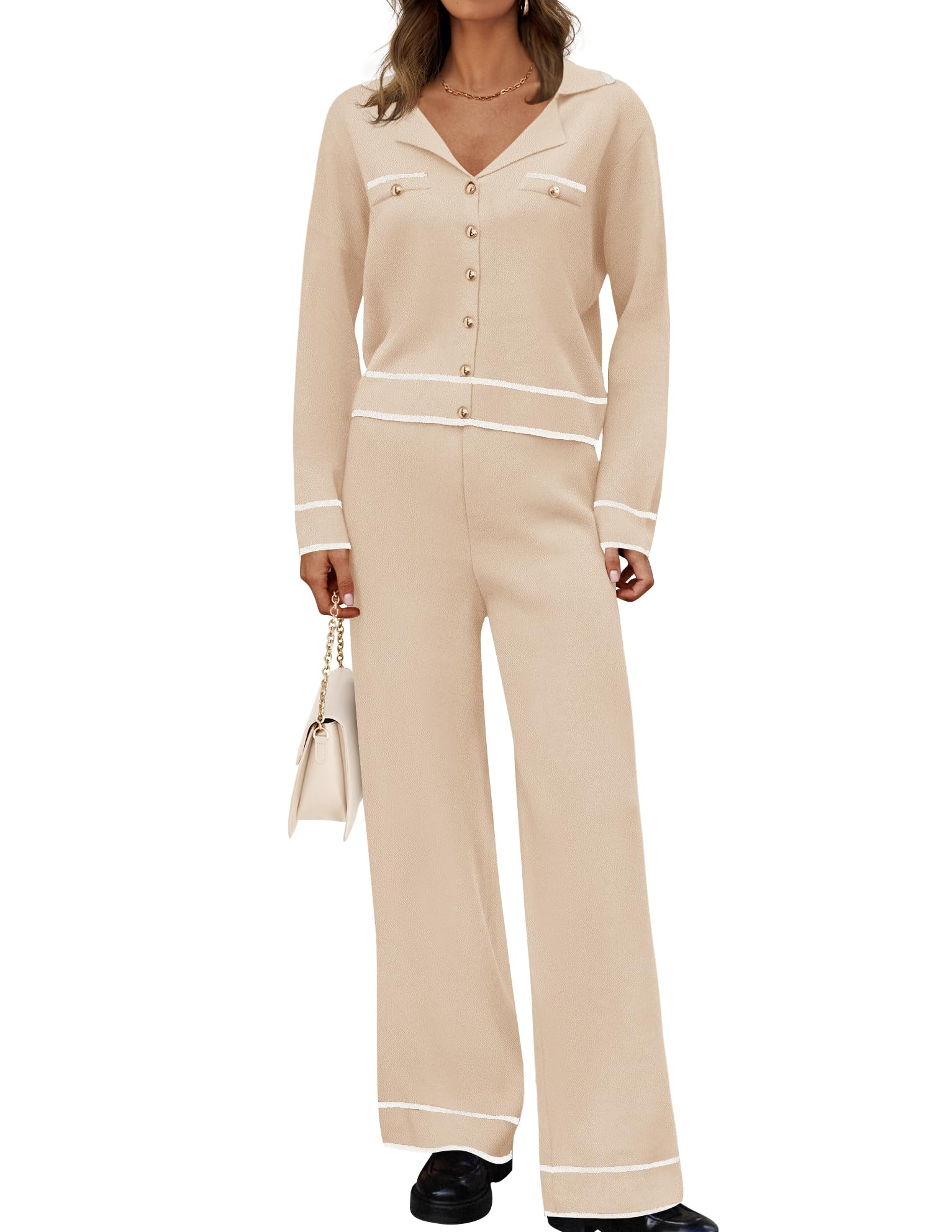 Luxuii Casual Long Sleeve V Neck Sweater Shirts Matching Lounge Sets