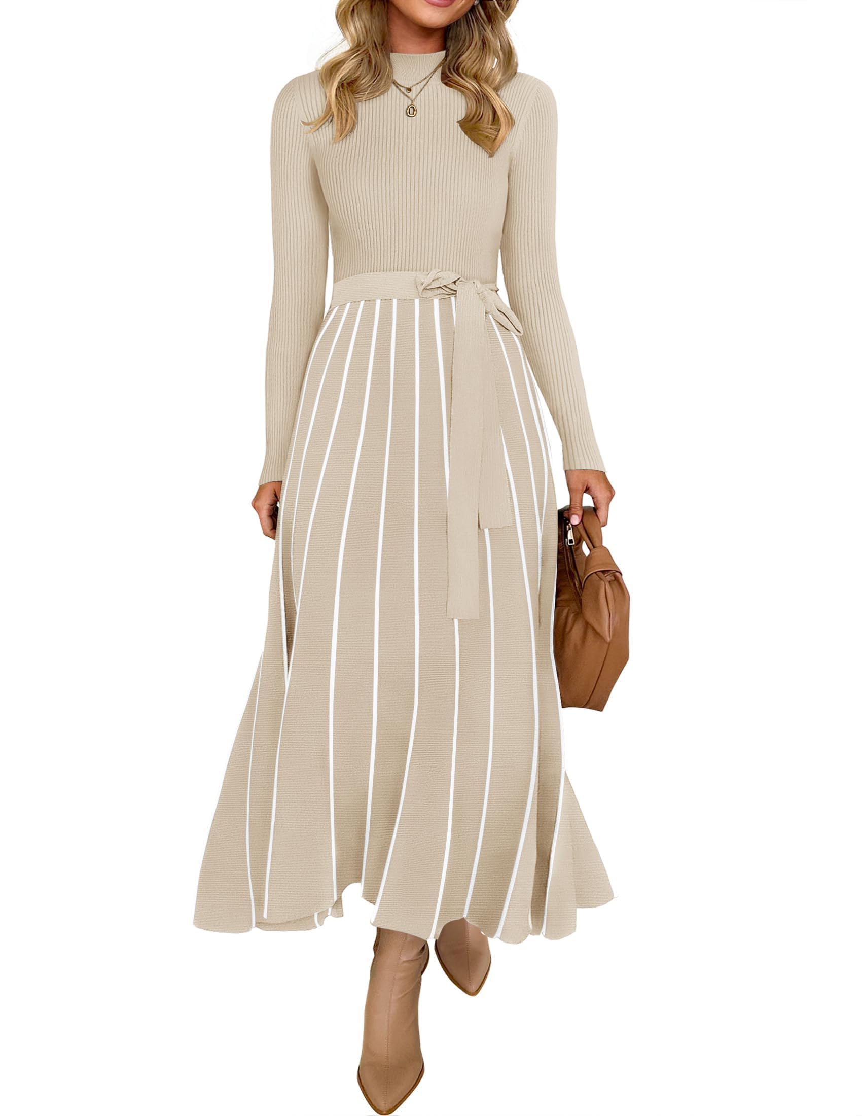 Luxuii Turtleneck Tie Waist Ribbed Knit A Line Midi Dresses