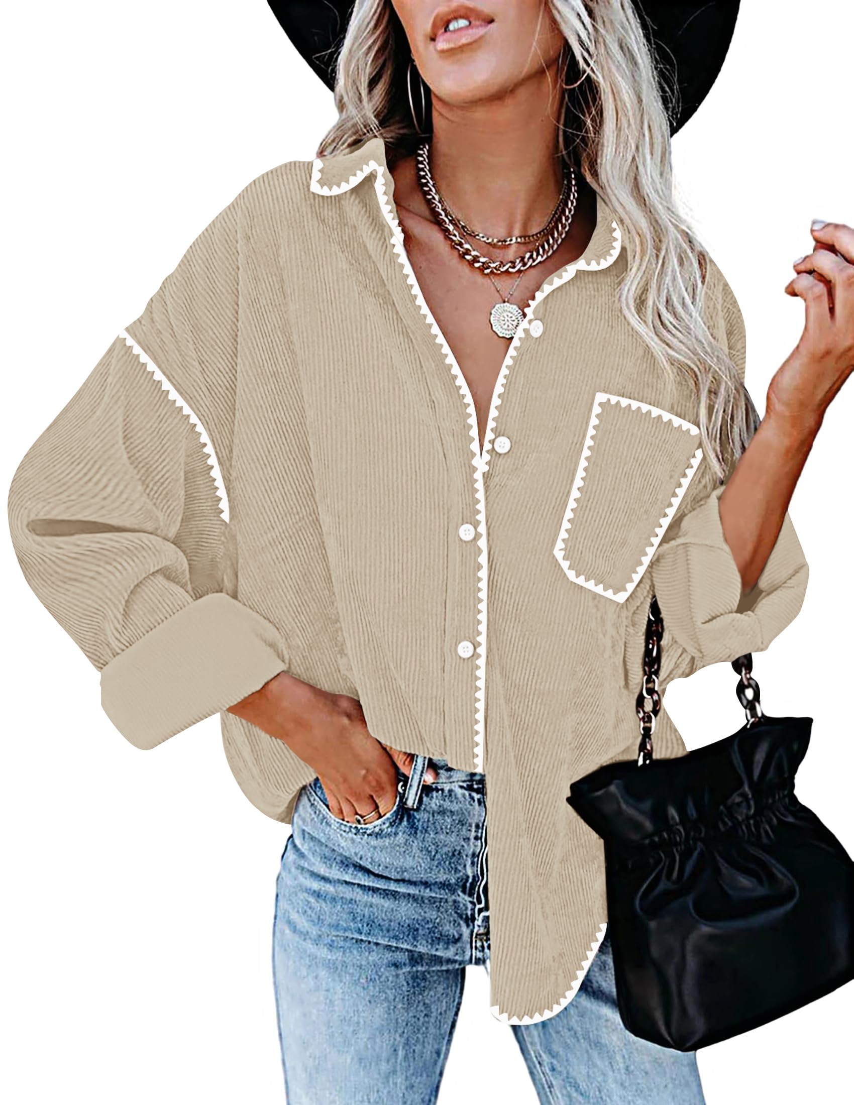 Luxuii Corduroy Shacket Jacket Button Down Blouses Tops