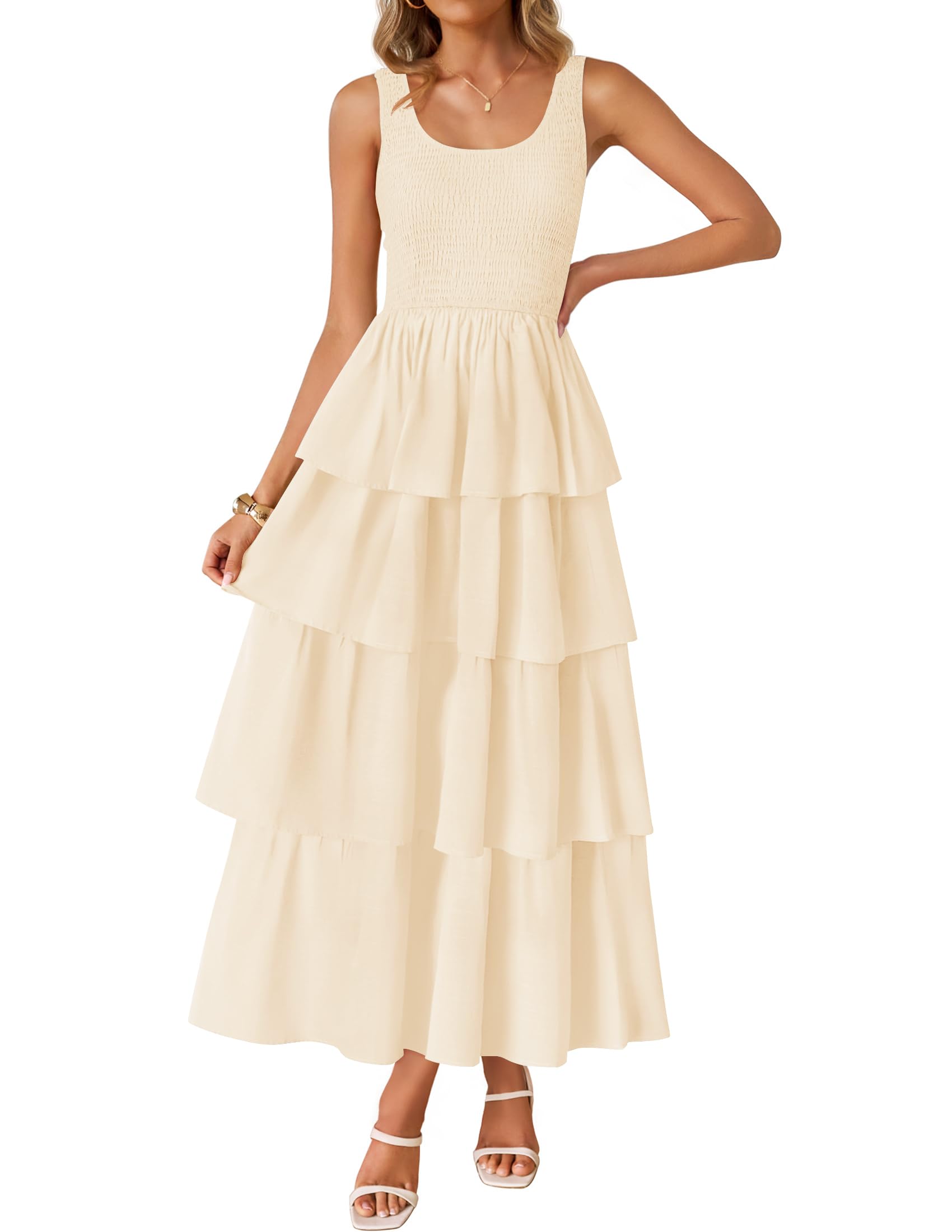 Luxuii Scoop Neck Ruffle Tiered Layered Swing Long Beach Dresses