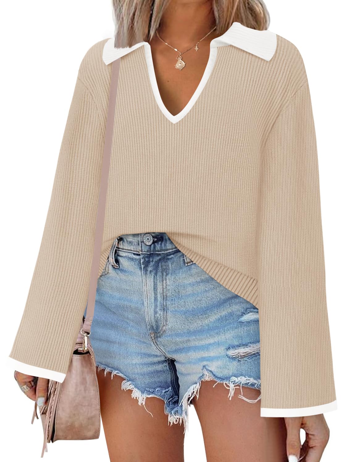 Luxuii V Neck Sweater Oversized Collared Knit Pullover Jumper Top