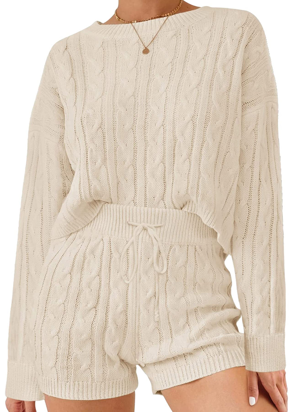 Luxuii Cable Knit Pullover Tops and Drawstring Shorts Lounge Set