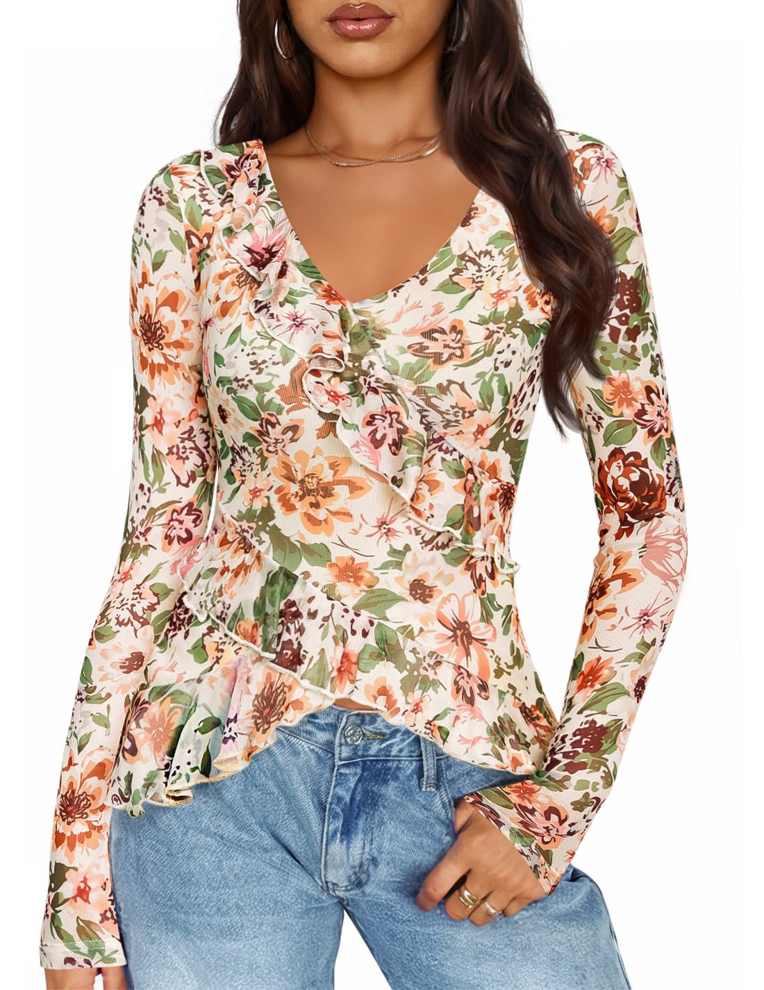 Luxuii Floral Shirts V Neck Going Out Ruffle Tops Blouses