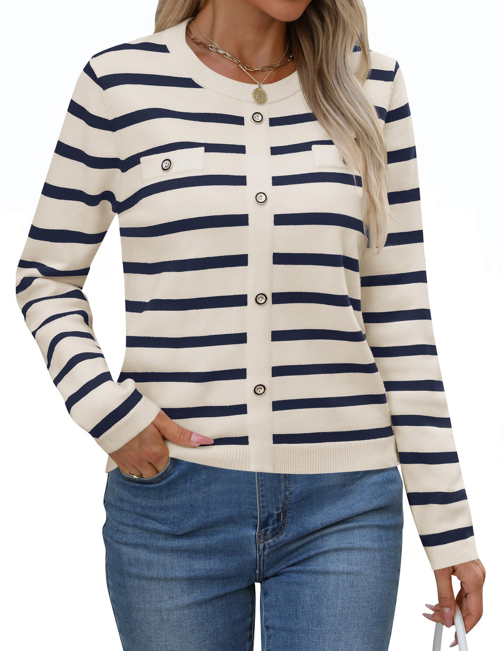 Luxuii Striped Crewneck Ribbed Knit Shirts Pullover Tops