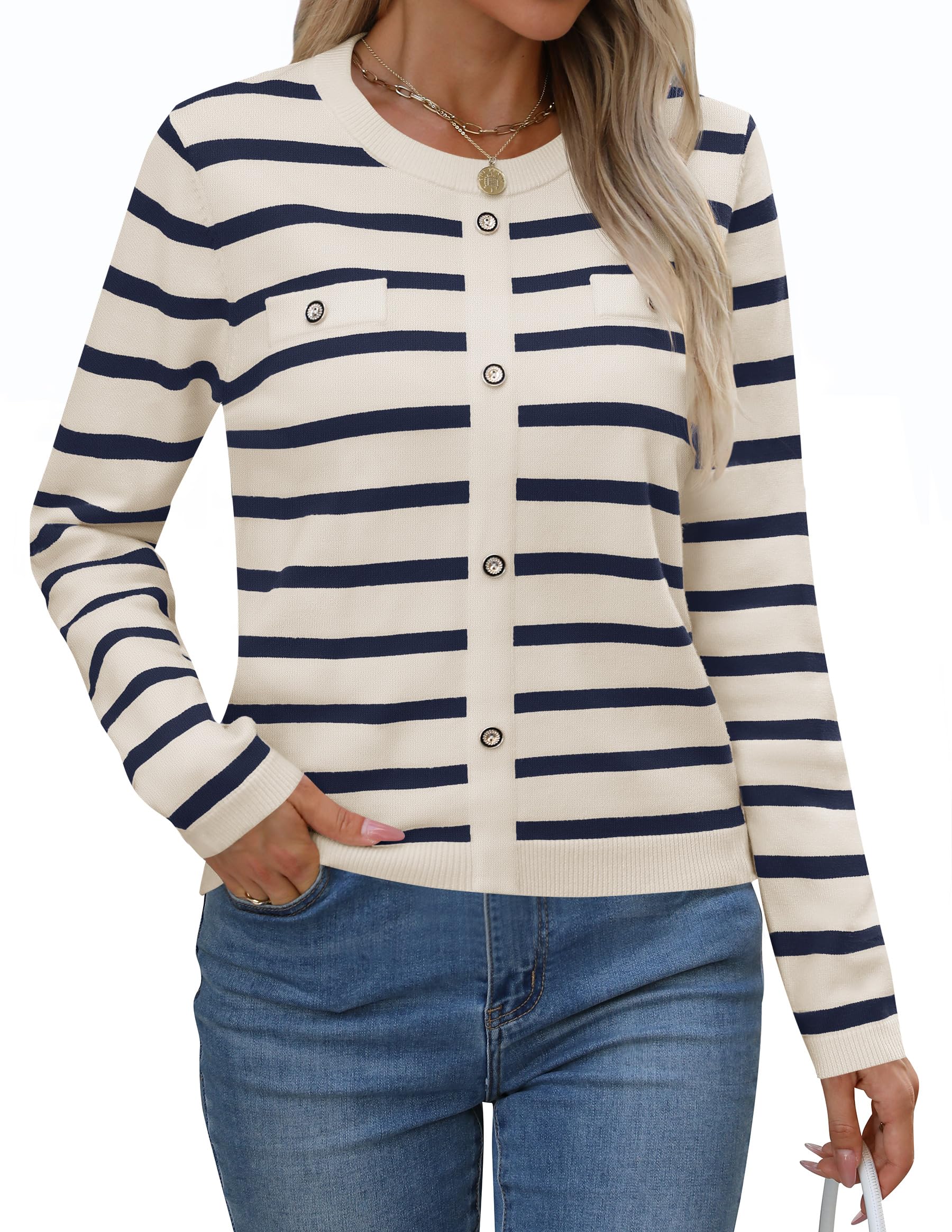 Luxuii Striped Crewneck Ribbed Knit Shirts Pullover Tops