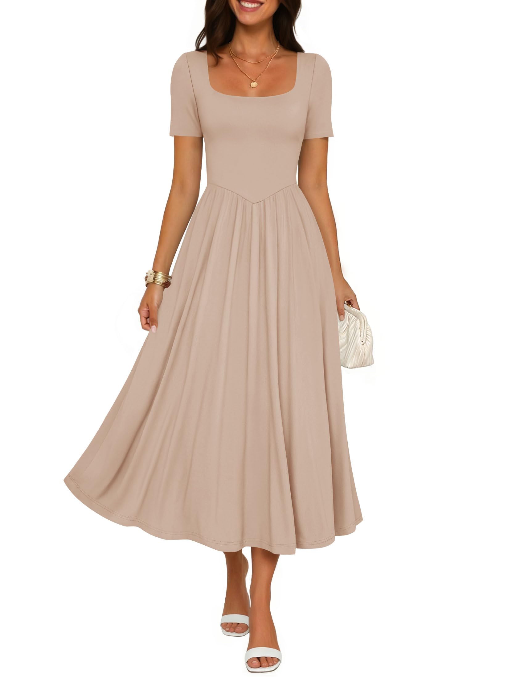 Luxuii Guest Elegant Classy Square Neck Short Sleeve Cocktail Party Midi Dress