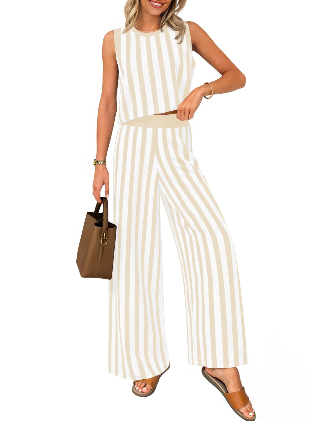 Luxuii Two Piece Outfits Crop Tank Tops and Wide Leg Pants Striped Sets