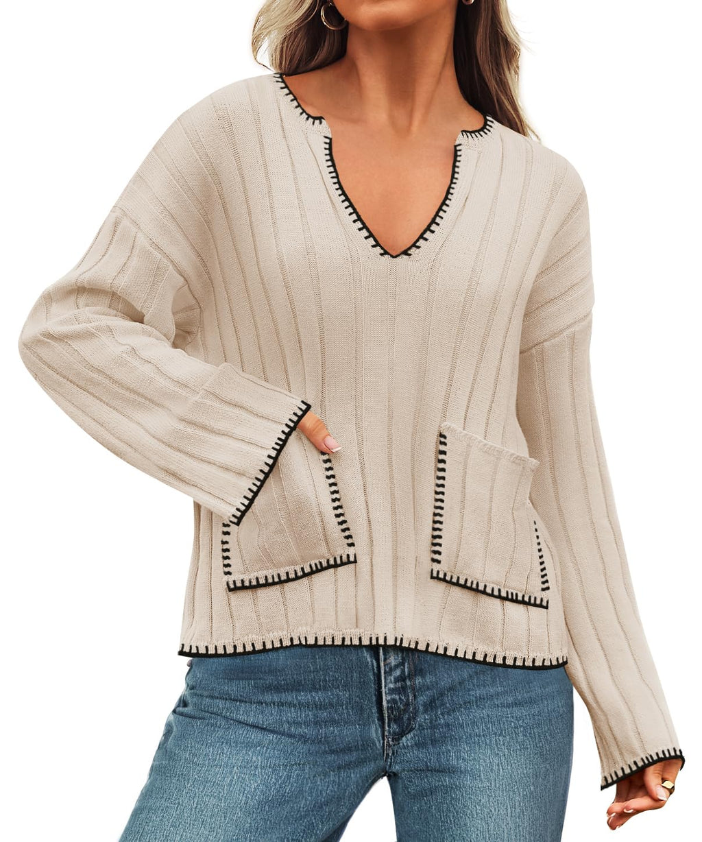Luxuii Women's Ribbed V Neck Long Sleeve Sweaters