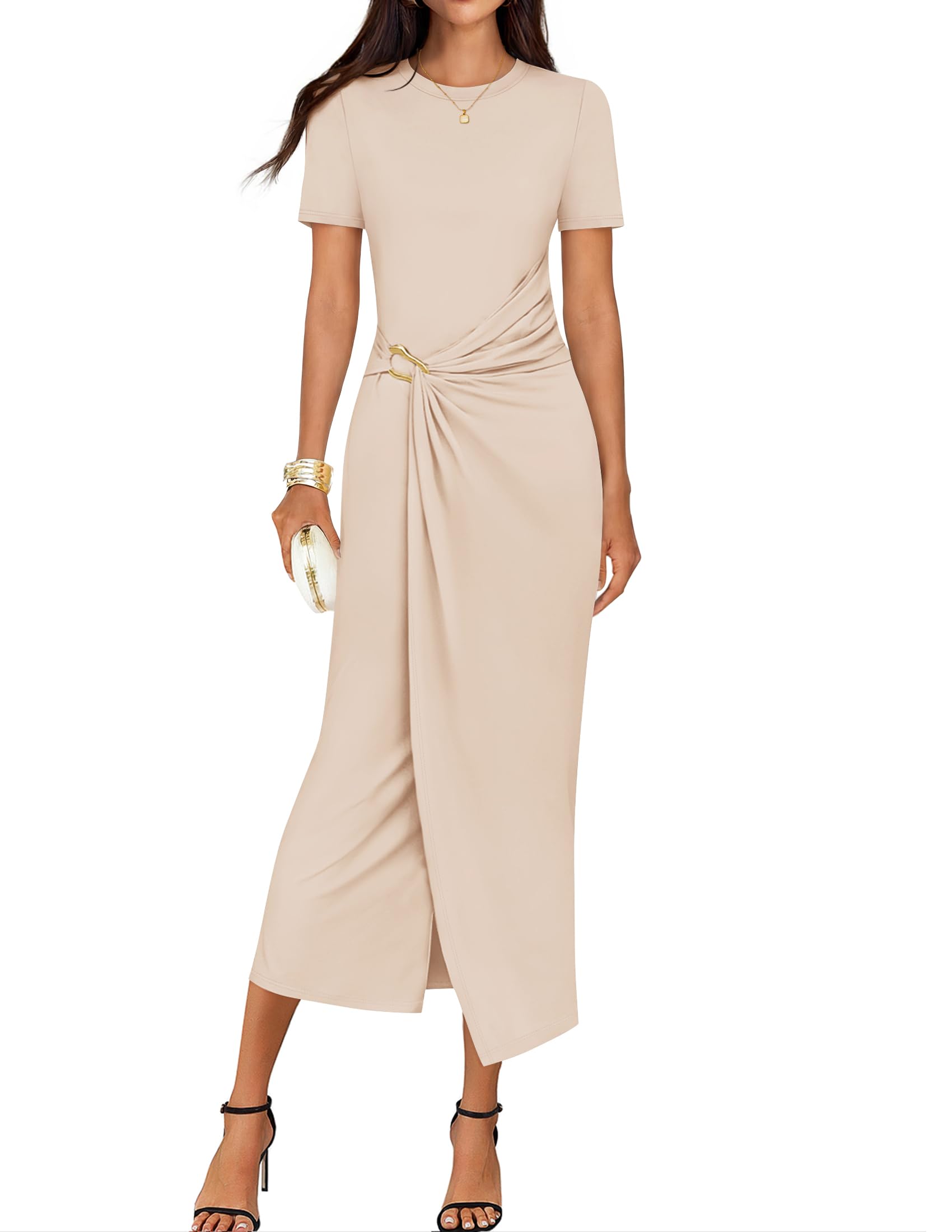 Luxuii Bodycon Crewneck Ruched Wedding Guest Cocktail Party Long Dresses