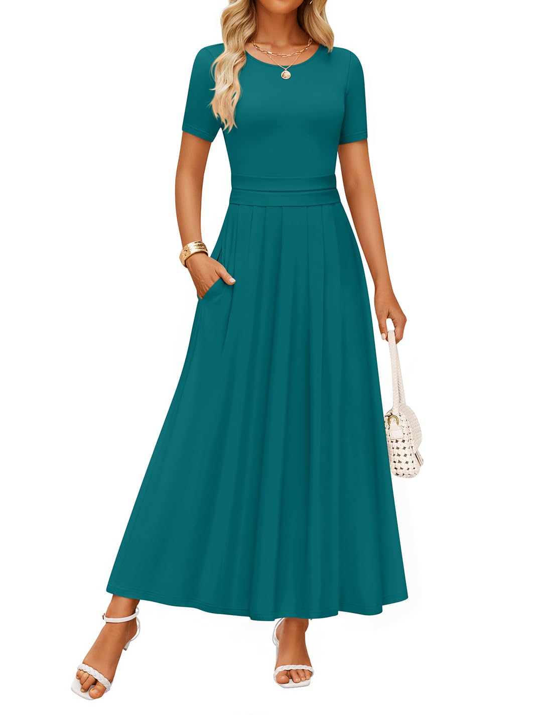 Luxuii Short Sleeve Crewneck Pleated A Line Flowy Long Dresses