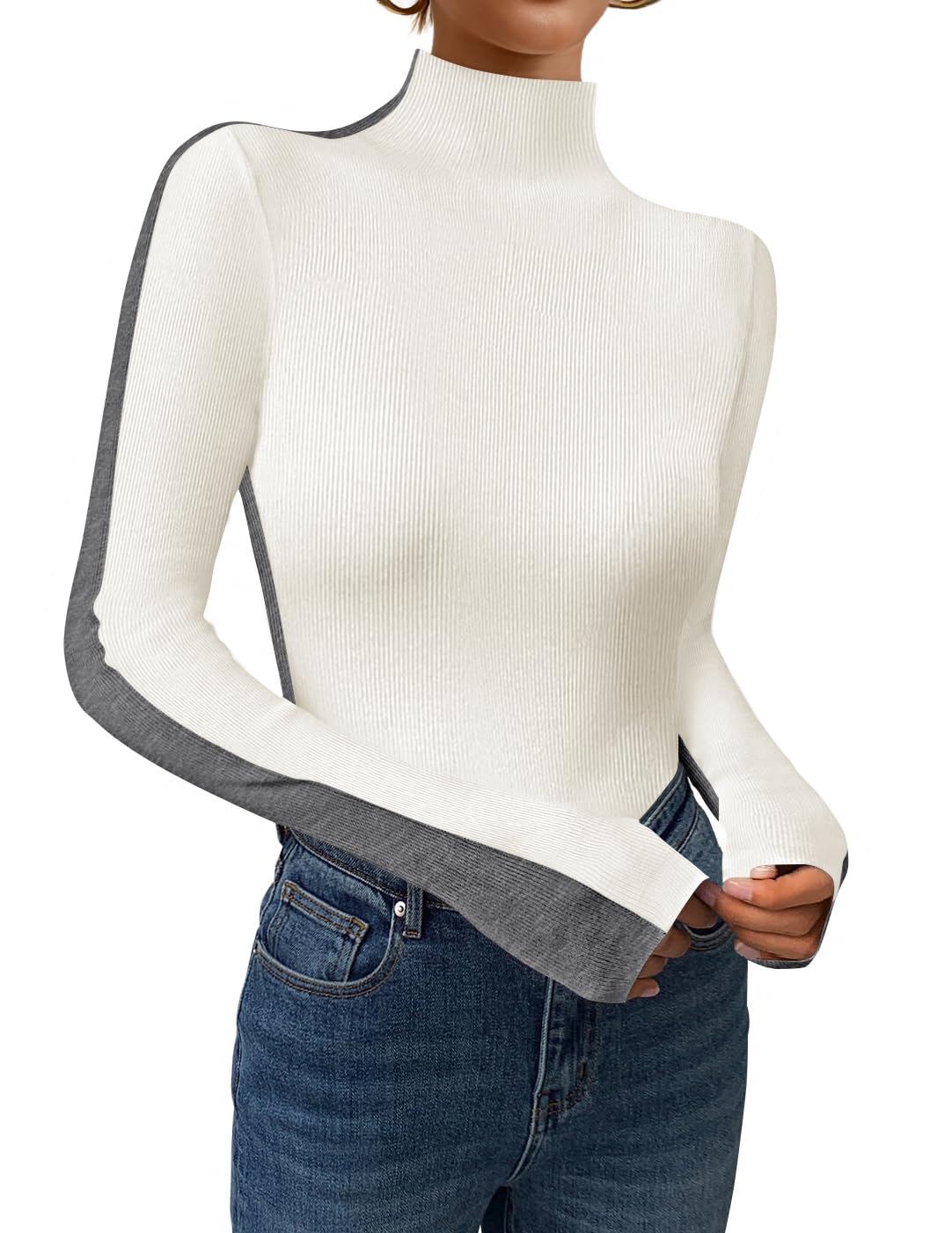 Luxuii Color Block Ribbed Knit Shirts Basic Slim Fit Pullover Tops