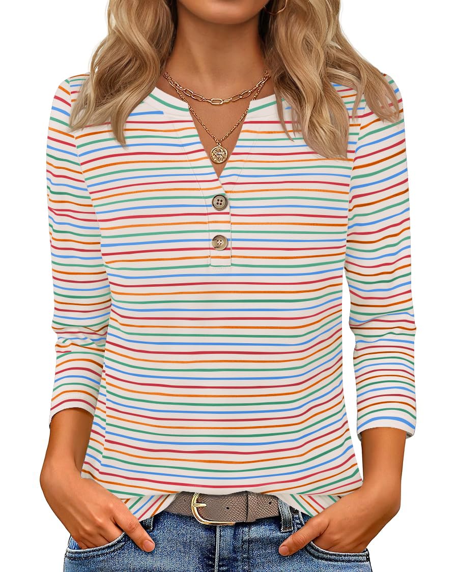 Luxuii Boho Striped Henley Shirts 3/4 Sleeve Tops Casual Blouses