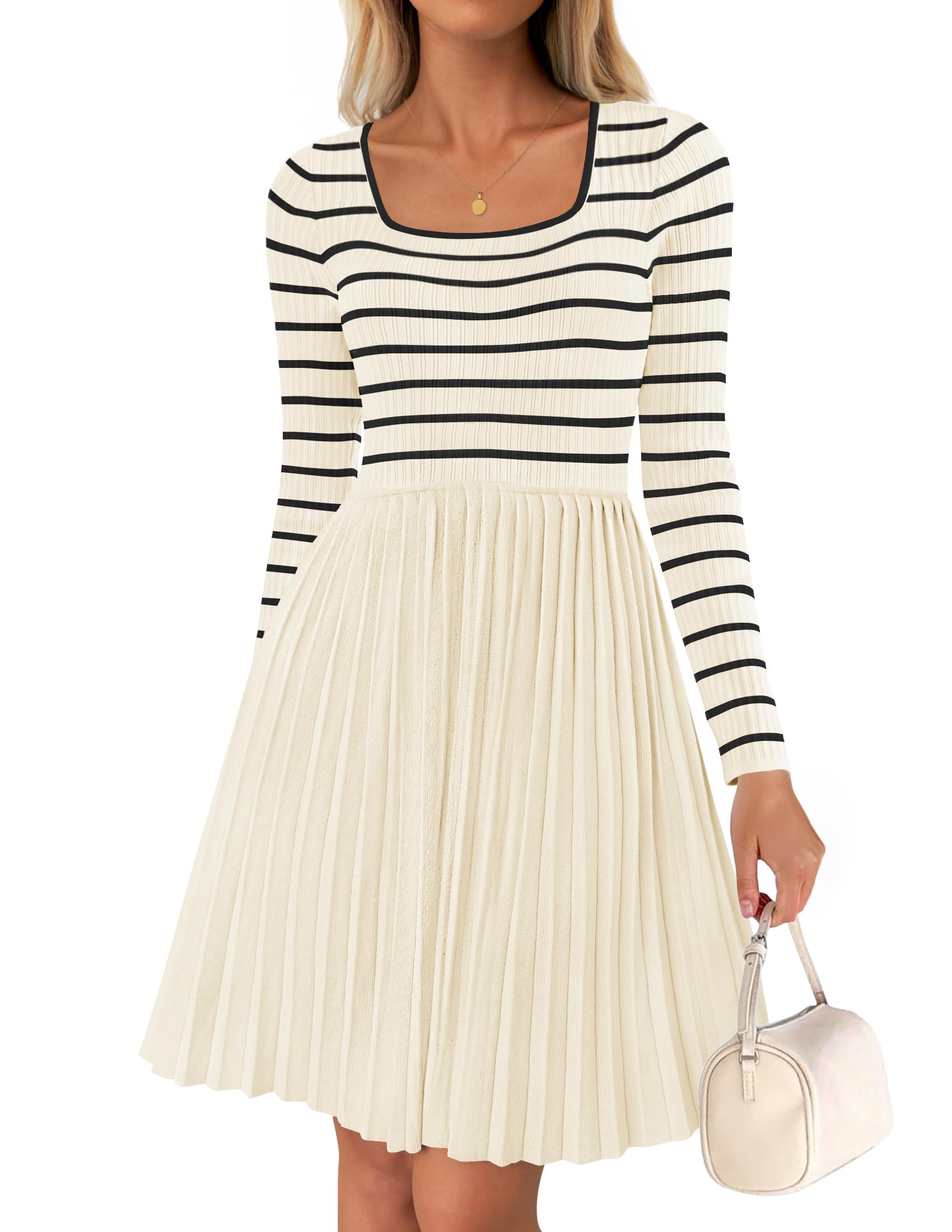 Luxuii Striped Square Neck Pleated Ribbed Knit Mini Dress