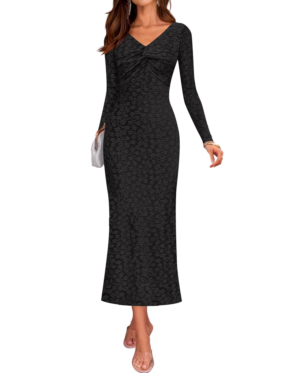 Luxuii Floral Long Sleeve Bodycon Boho V Neck Cocktail PartyDresses