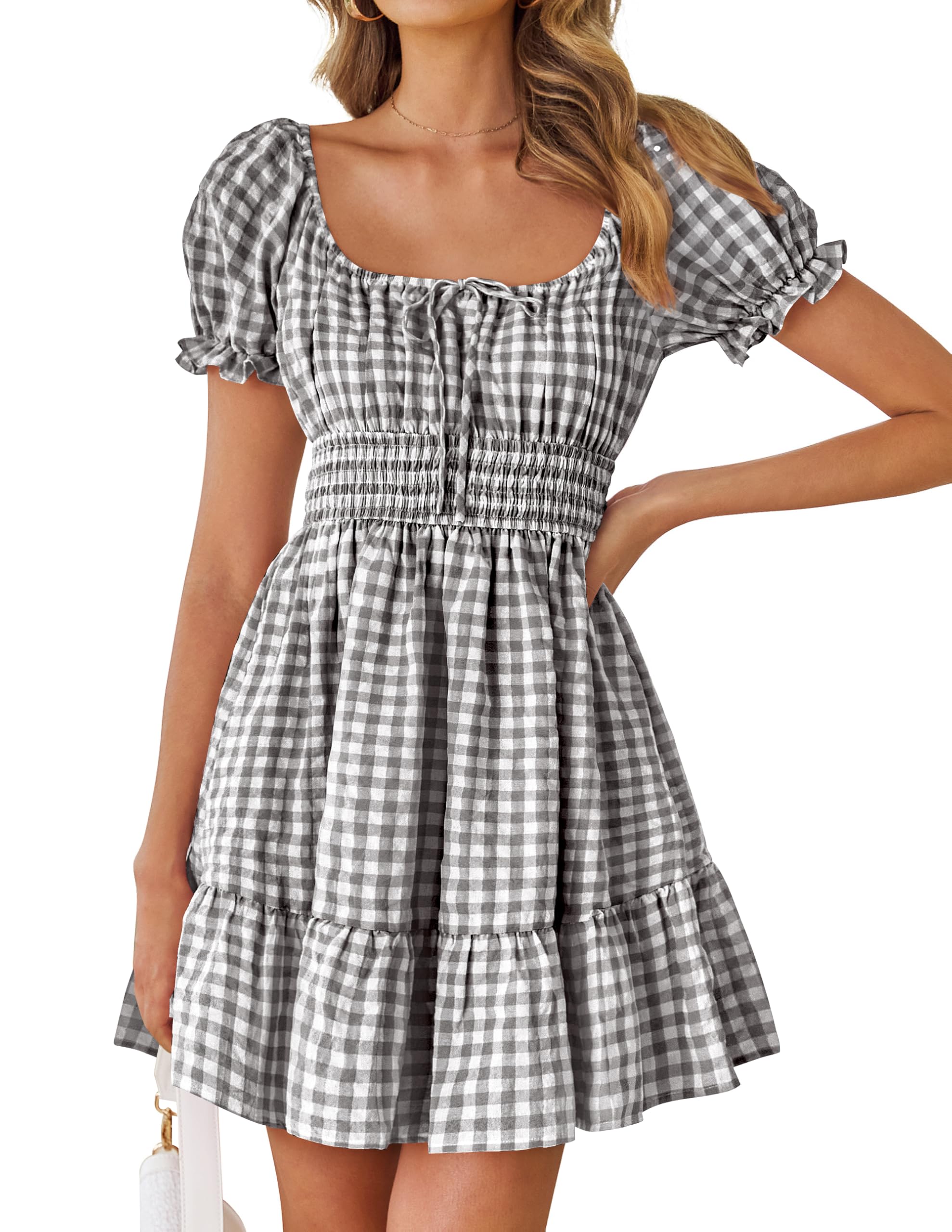 Luxuii Square Neck Puff Sleeve Plaid Ruffle Flowy Smocked Dresses