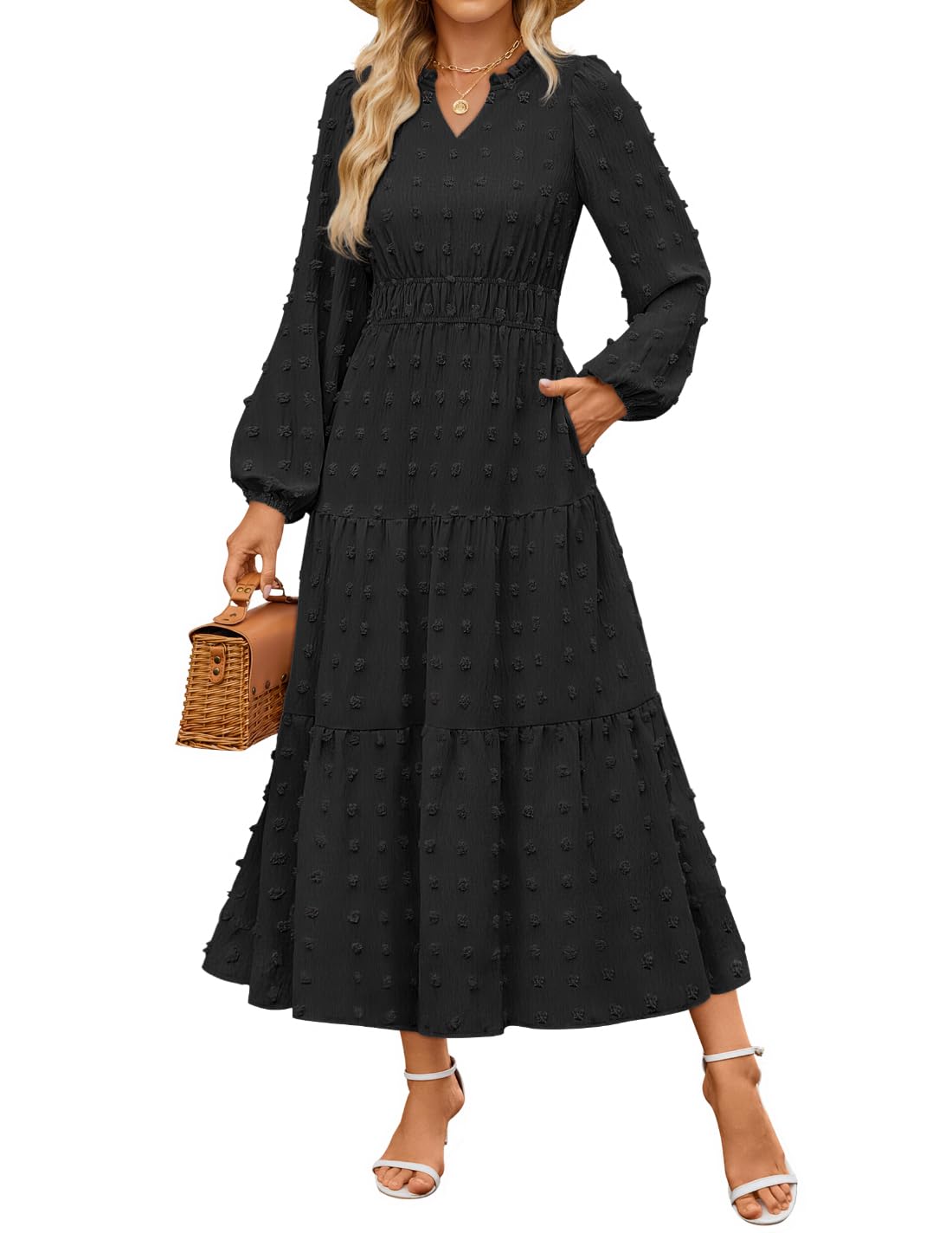 Luxuii Boho V Neck Swiss Dot Tiered Flowy Swing Dress