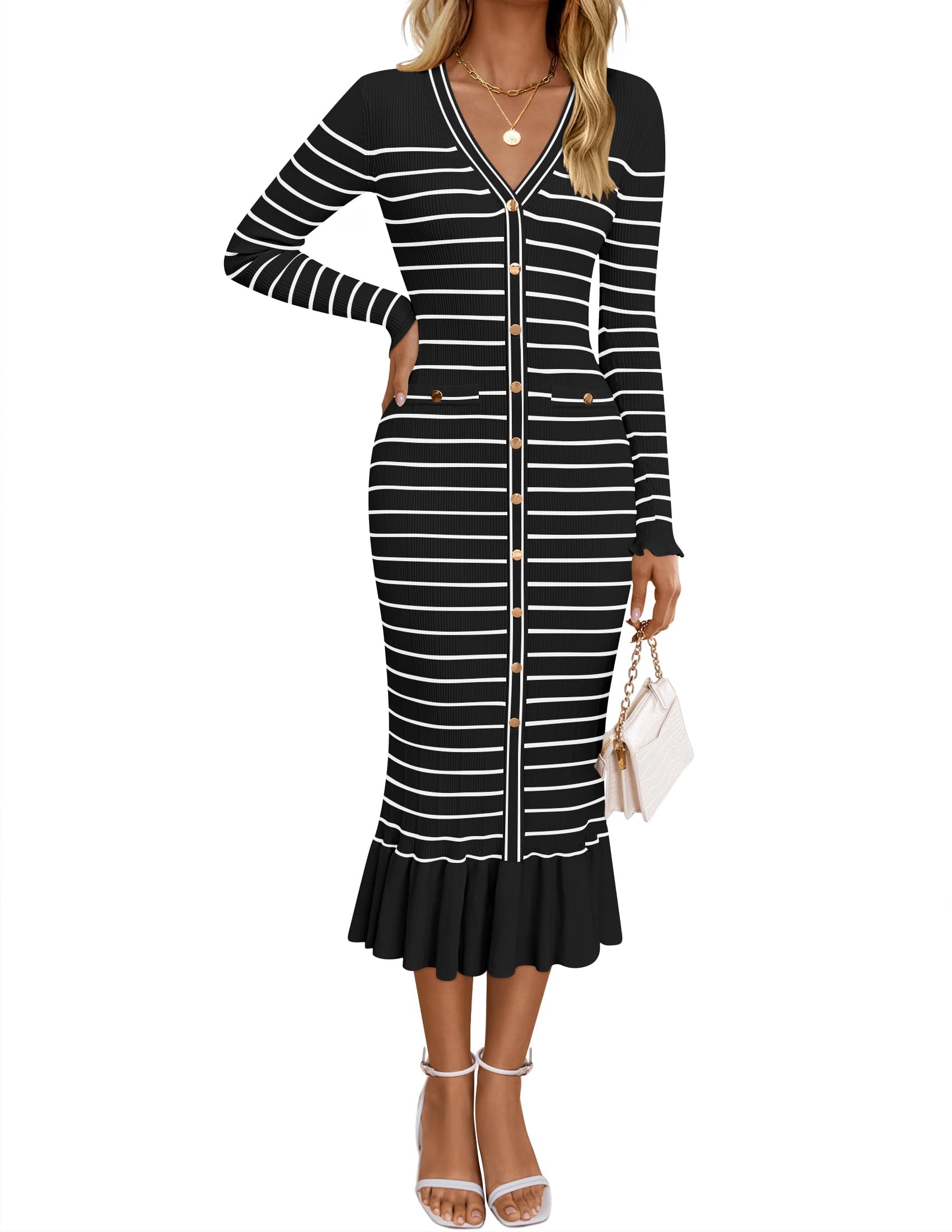 Luxuii Striped V Neck Button Elegant Bodycon Knit Dresses