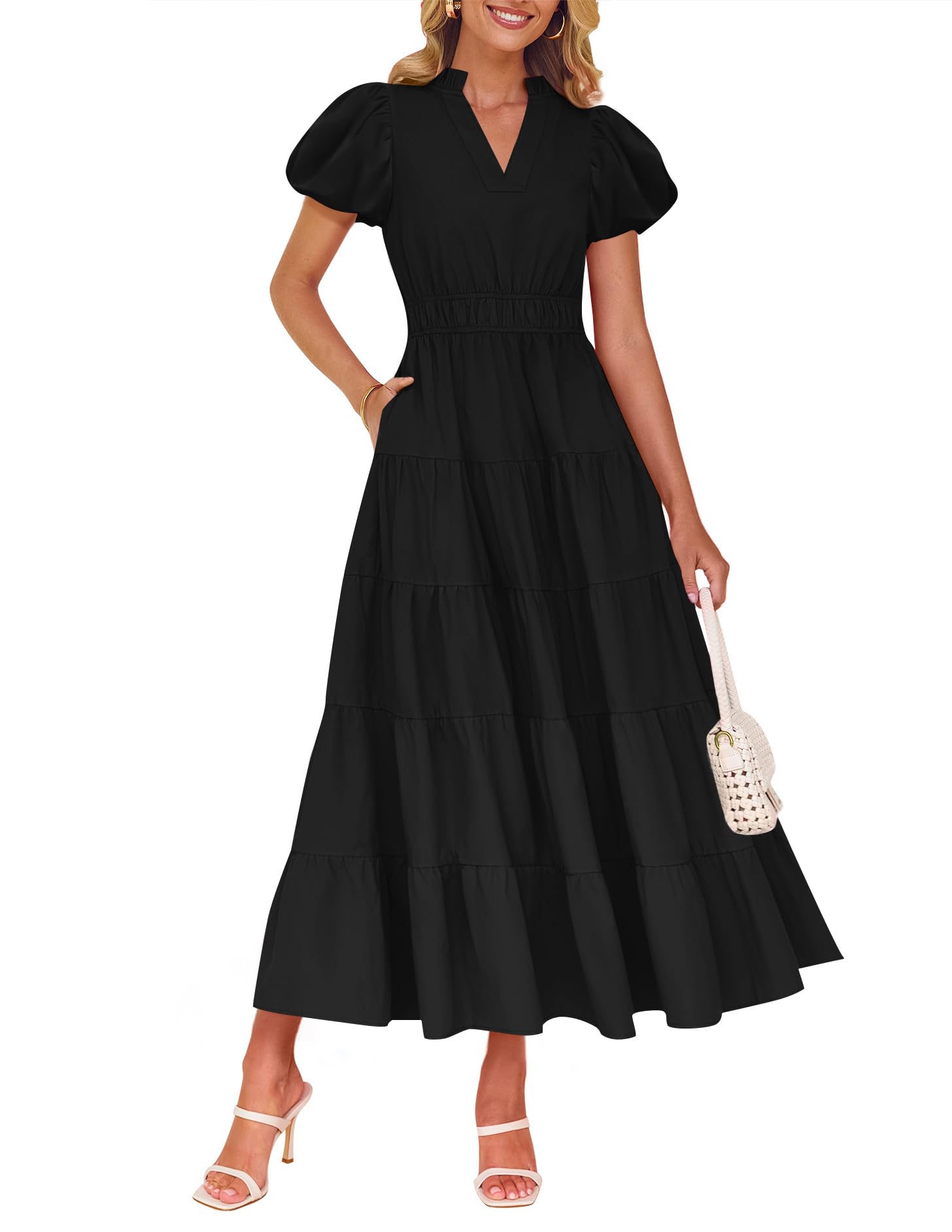 Luxuii Puff Short Sleeve V Neck Ruffle Tiered Flowy Boho Dresses