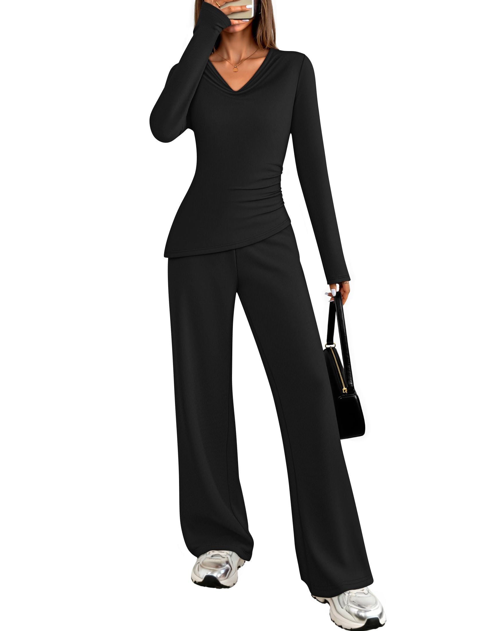 Luxuii Long Sleeve Cowl Neck Asymmetrical Top Wide Leg Pants Matching Set
