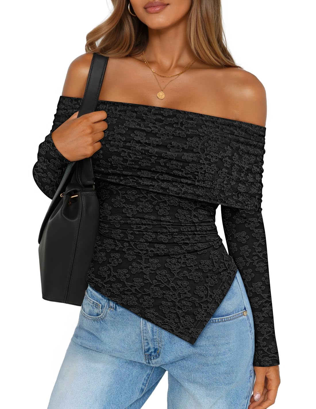 Luxuii Mesh Long Sleeve Shirts Asymmetrical Ruched Tee Blouses