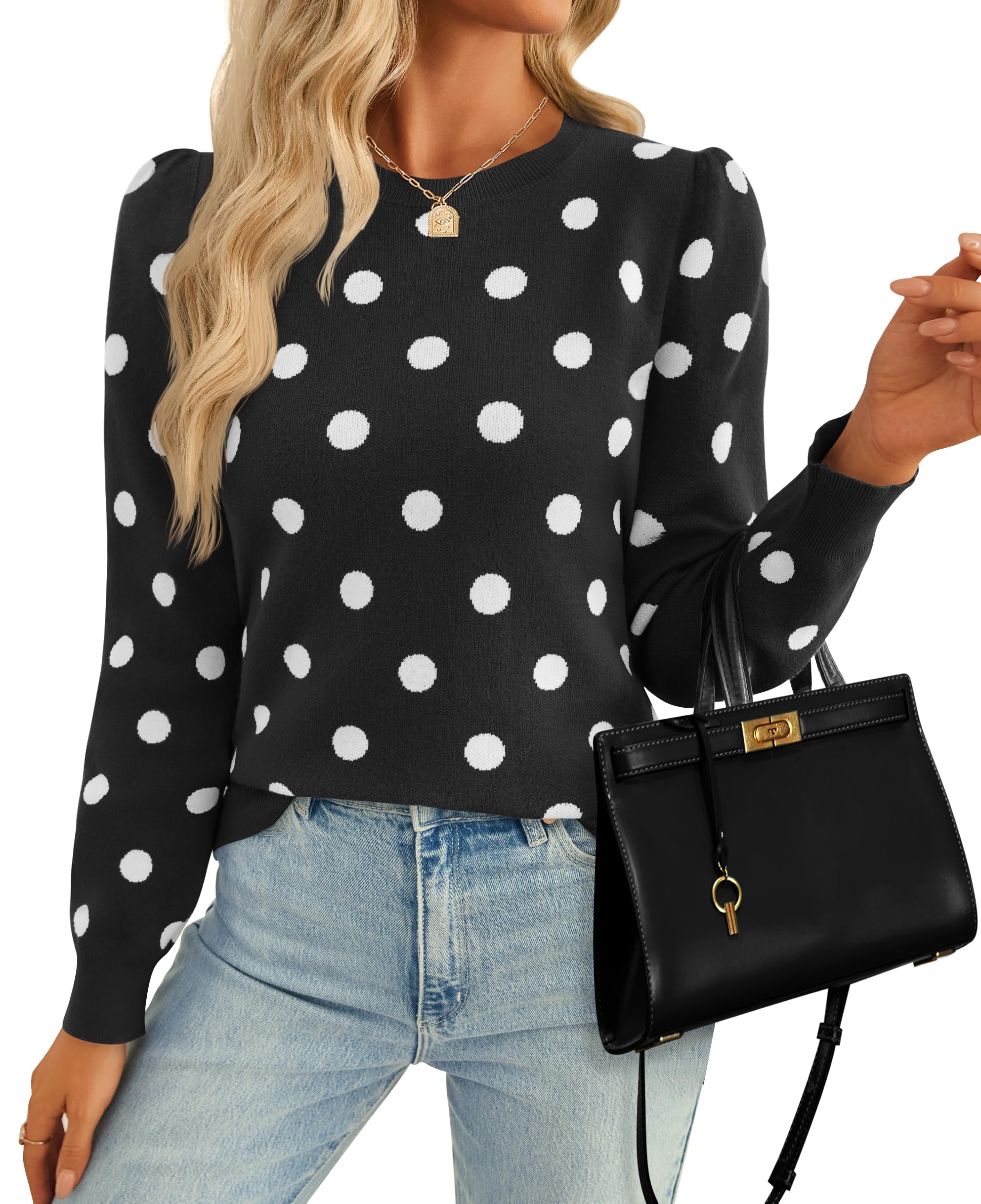 Luxuii Crewneck Polka Dots Ribbed Knit Soft Pullover Sweater