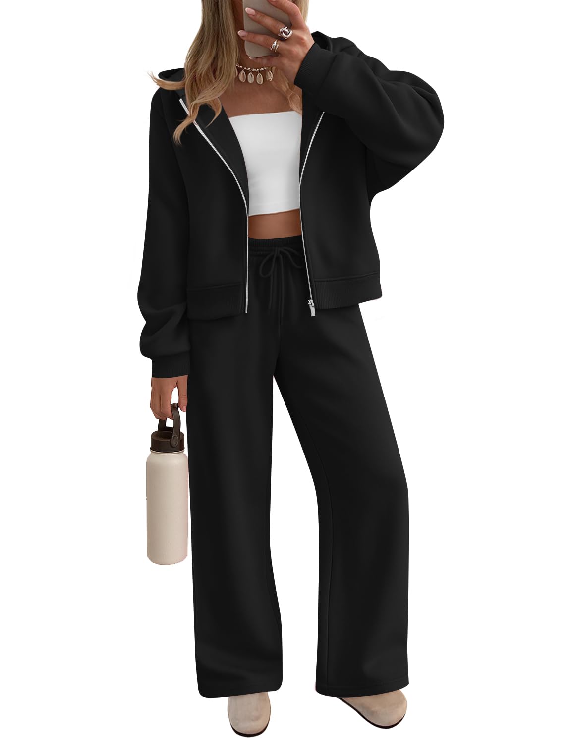 Luxuii Fleece Hoodie Zip Up Sweatshirt Long Sweatpant Matching Set