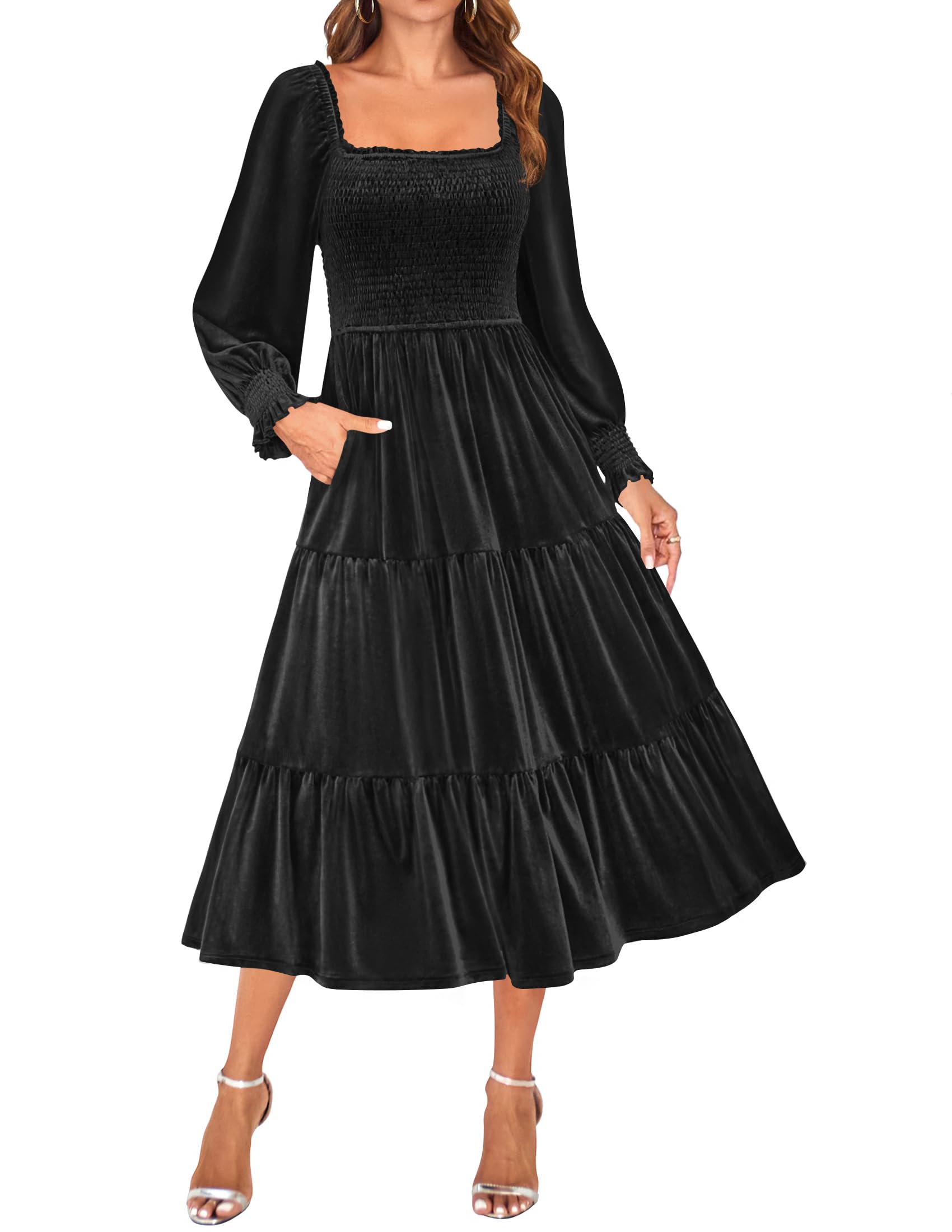 Luxuii Velvet L Neck Smocked Ruffle A Line Flowy Midi Dress