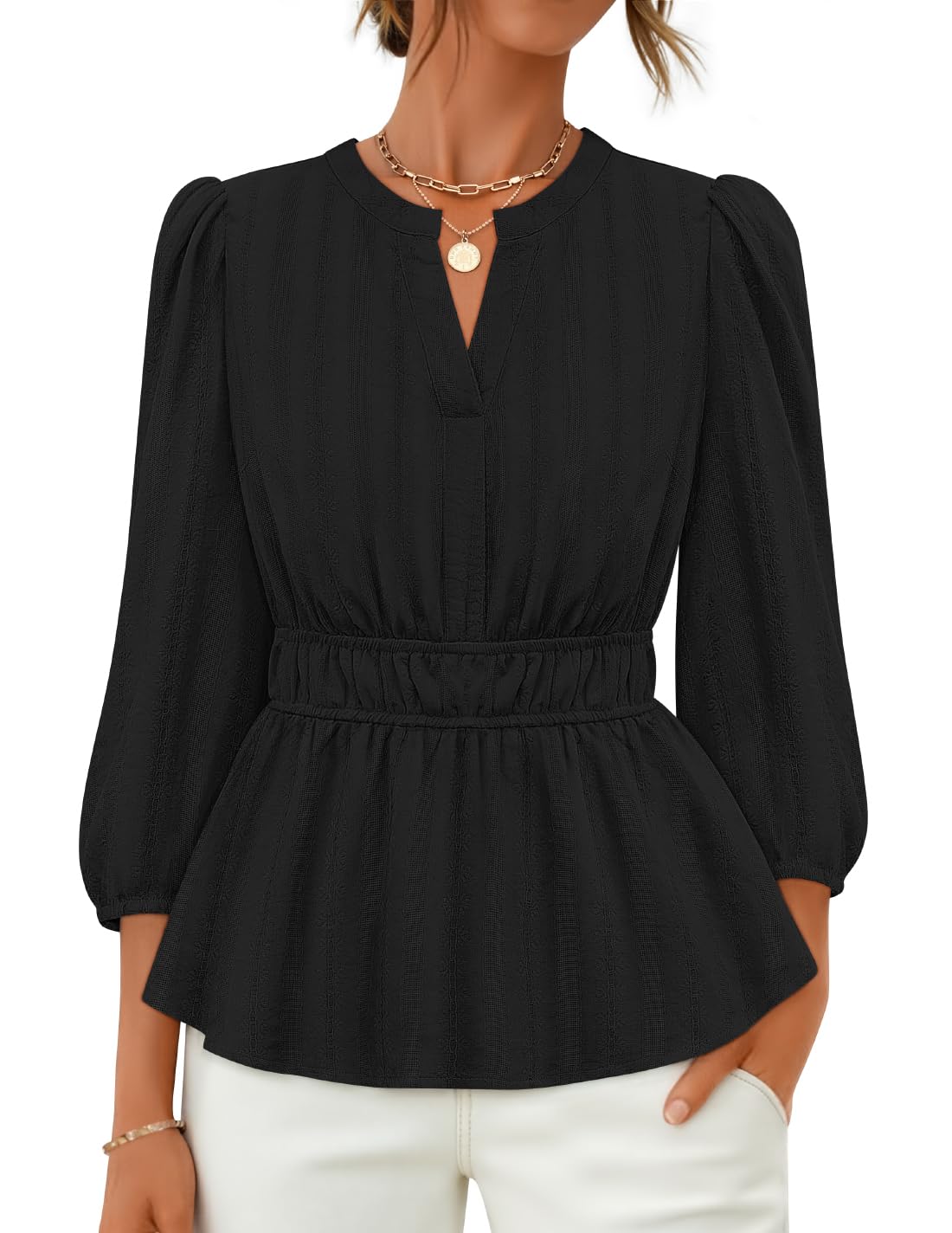 Luxuii 3/4 Length Sleeve V Neck Peplum Blouses Dressy Work Shirts