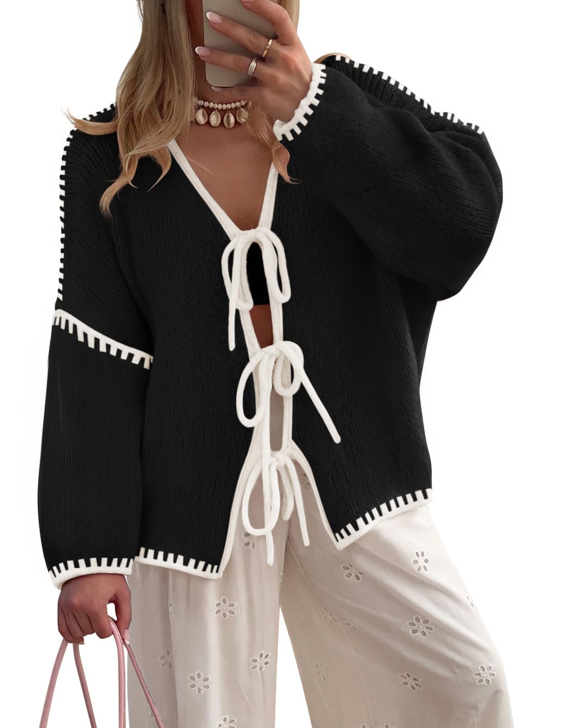 Luxuii Tie Front Bow Knit Color Block Fall Winter Clothing Coats