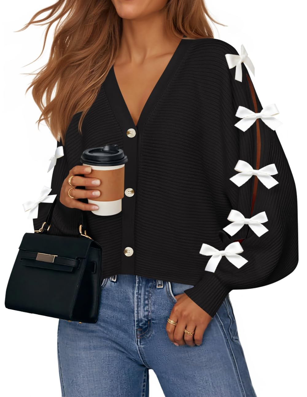 Luxuii Fall Bow Cardigans Button V Neck Knit Outerwear Coats